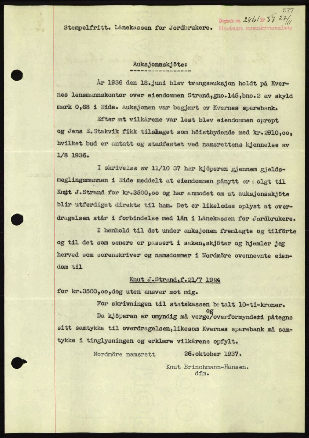 Nordmøre sorenskriveri, SAT/A-4132/1/2/2Ca: Pantebok nr. A82, 1937-1938, Dagboknr: 2861/1937