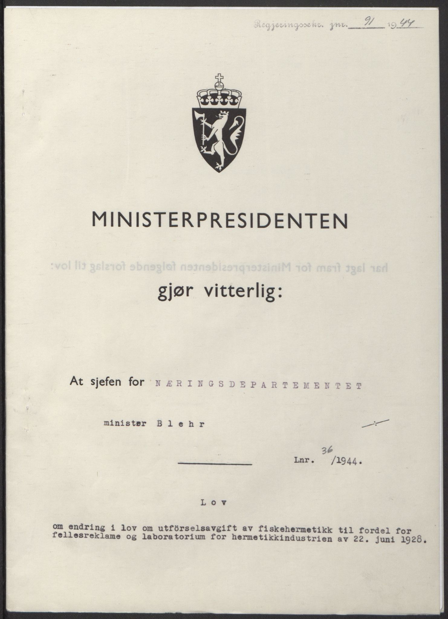 NS-administrasjonen 1940-1945 (Statsrådsekretariatet, de kommisariske statsråder mm), RA/S-4279/D/Db/L0100: Lover, 1944, s. 177