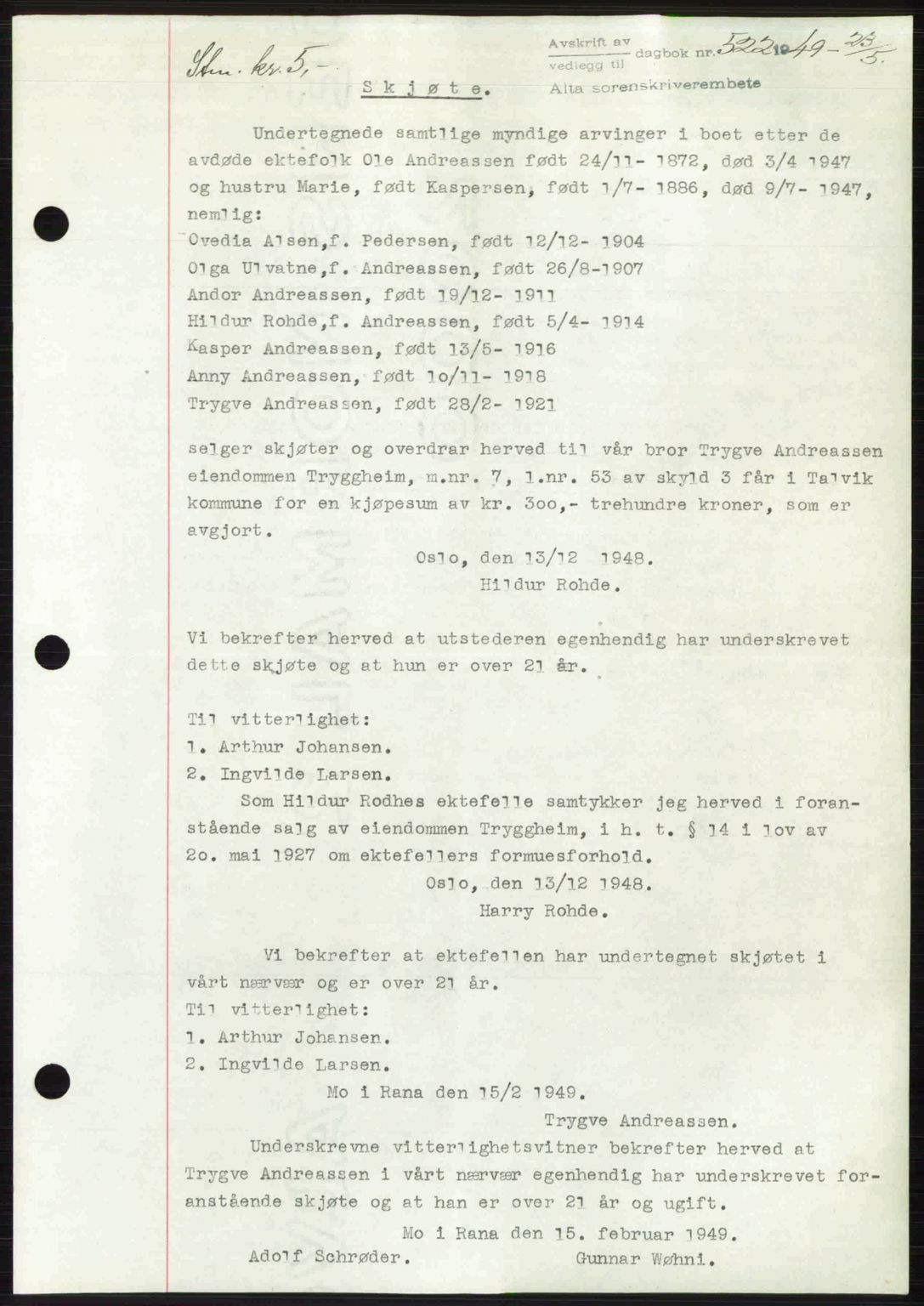 Alta fogderi/sorenskriveri, SATØ/SATØ-5/1/K/Kd/L0037pantebok: Pantebok nr. 39-40, 1948-1949, Dagboknr: 522/1949