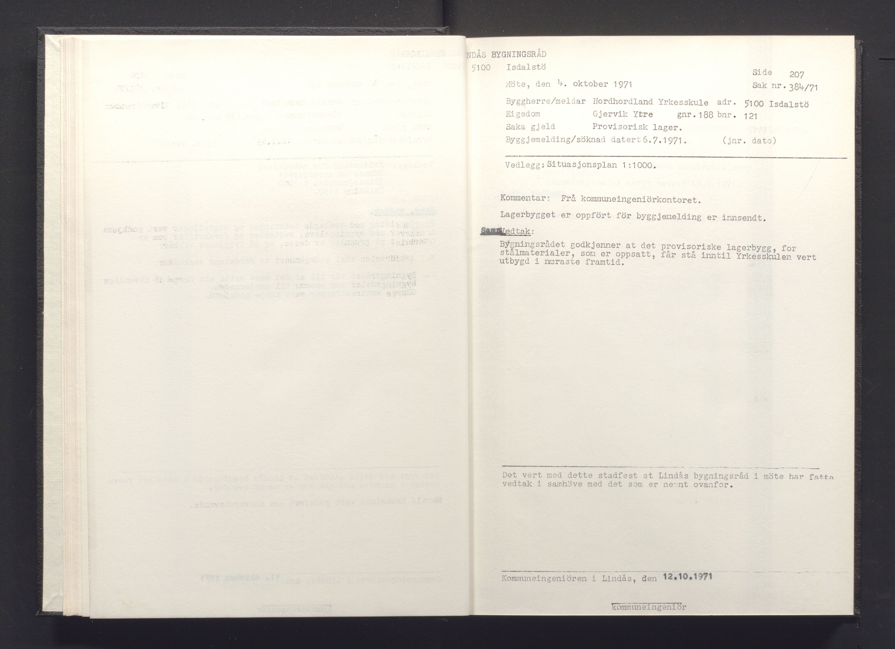 Lindås kommune. Bygningsrådet, IKAH/1263-511/A/Aa/L0008: Møtebok for Lindås bygningsråd, 1971