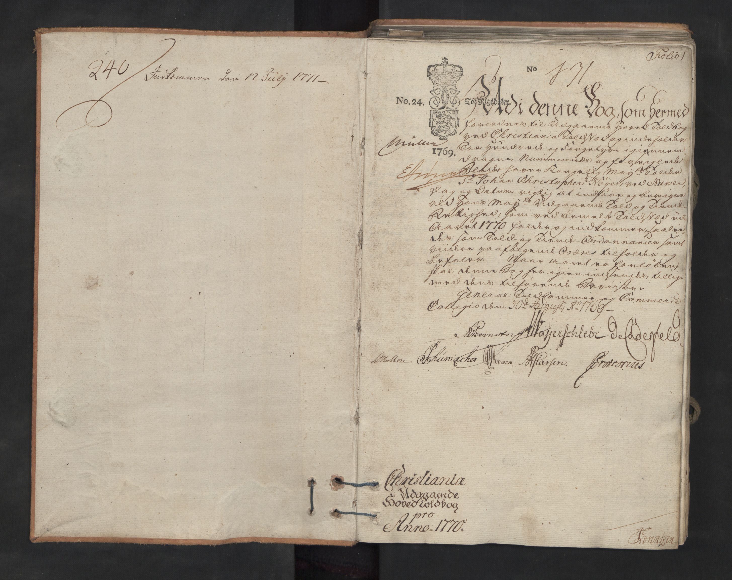 Generaltollkammeret, tollregnskaper, AV/RA-EA-5490/R06/L0100/0001: Tollregnskaper Kristiania / Utgående hovedtollbok, 1770