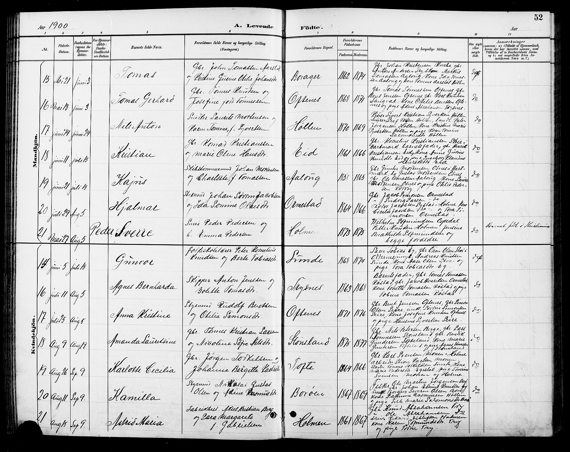 Søgne sokneprestkontor, AV/SAK-1111-0037/F/Fb/Fbb/L0006: Klokkerbok nr. B 6, 1892-1911, s. 52