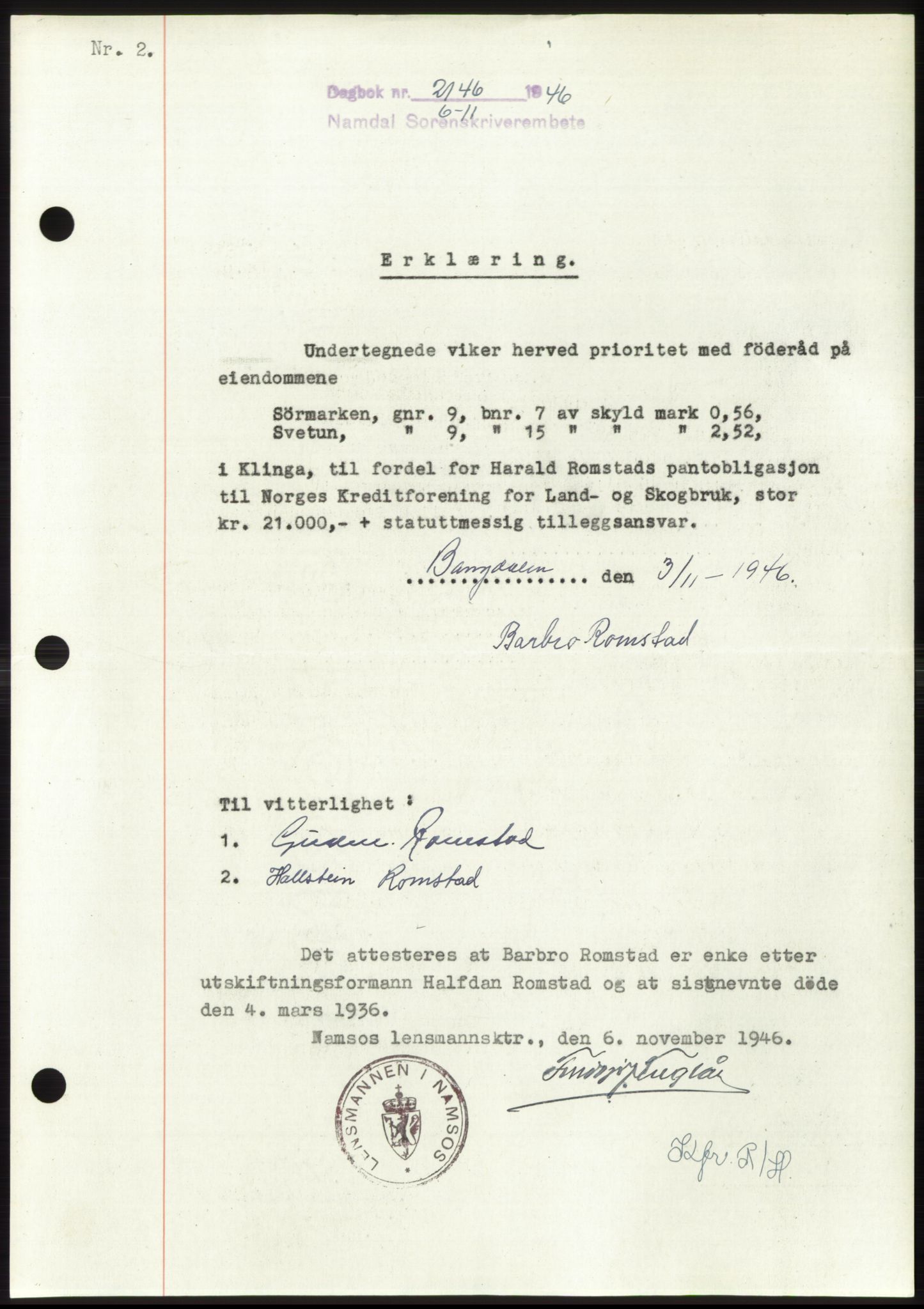 Namdal sorenskriveri, SAT/A-4133/1/2/2C: Pantebok nr. -, 1946-1947, Dagboknr: 2146/1946