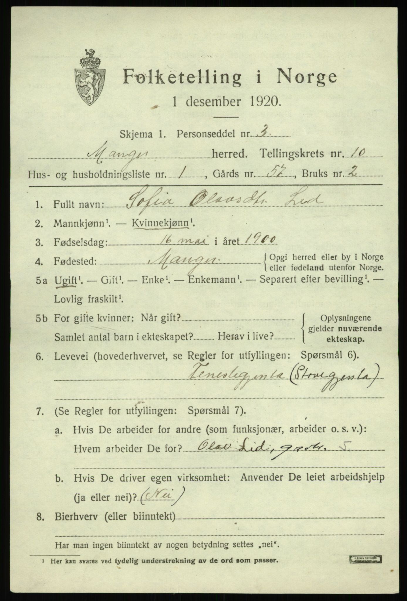 SAB, Folketelling 1920 for 1261 Manger herred, 1920, s. 6014