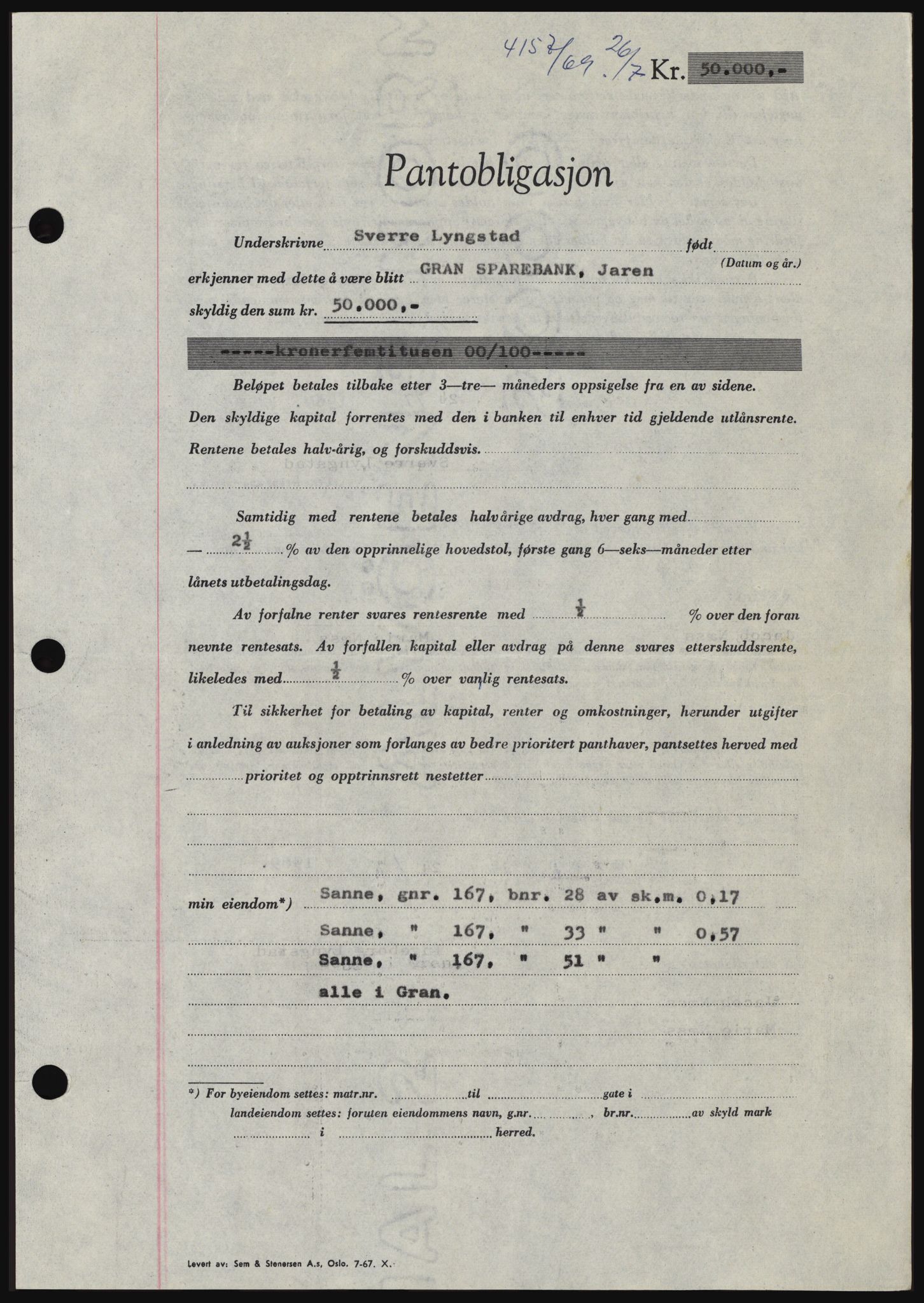 Hadeland og Land tingrett, SAH/TING-010/H/Hb/Hbc/L0074: Pantebok nr. B74, 1969-1969, Dagboknr: 4157/1969