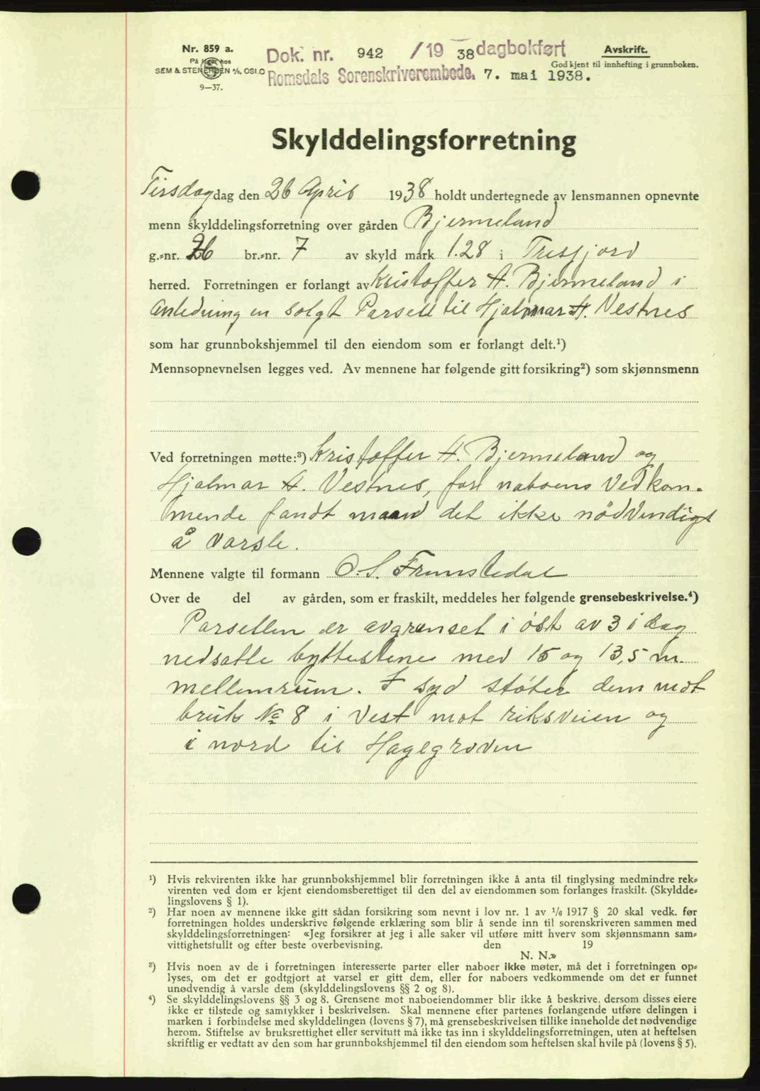 Romsdal sorenskriveri, SAT/A-4149/1/2/2C: Pantebok nr. A5, 1938-1938, Dagboknr: 942/1938