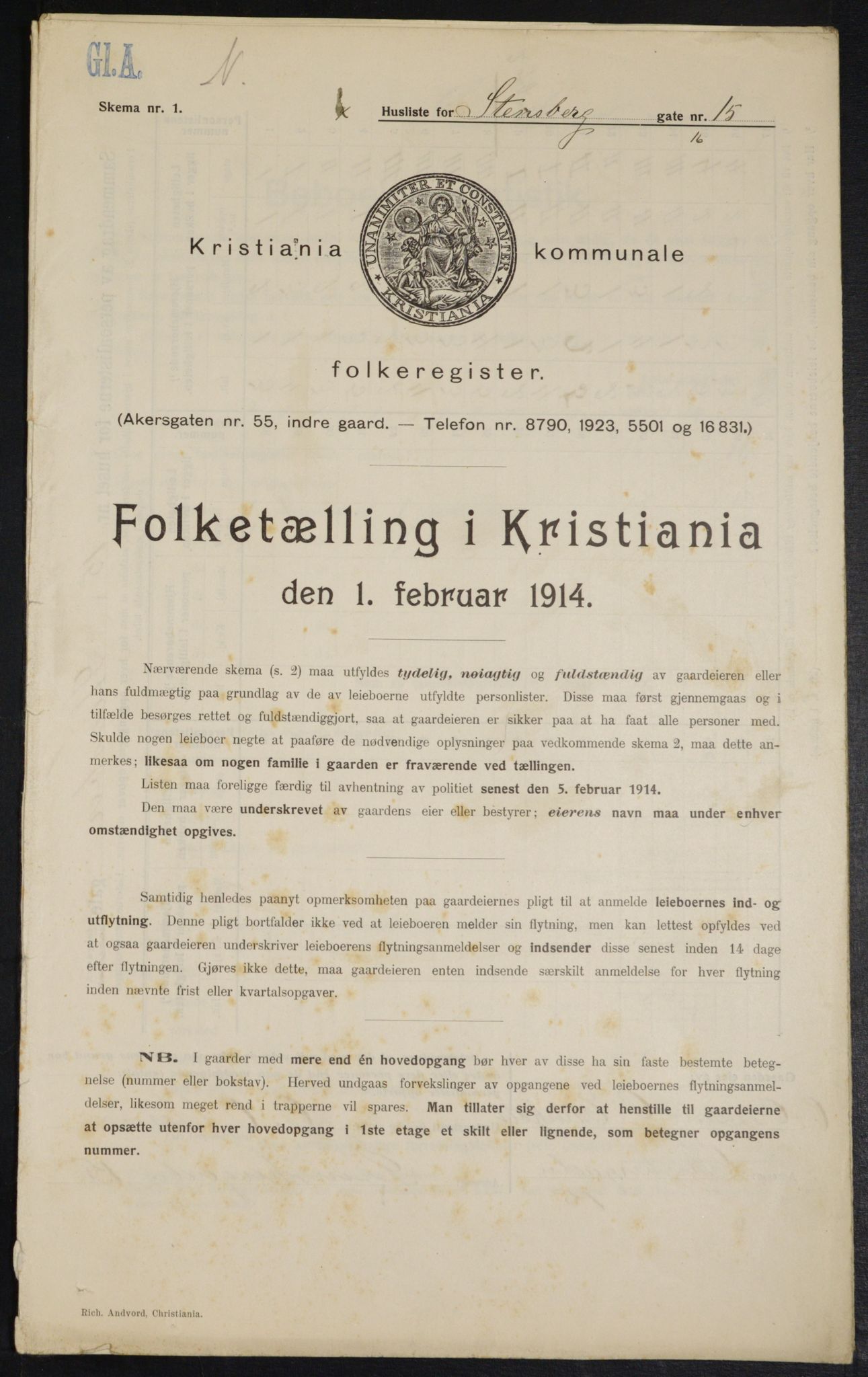 OBA, Kommunal folketelling 1.2.1914 for Kristiania, 1914, s. 101496