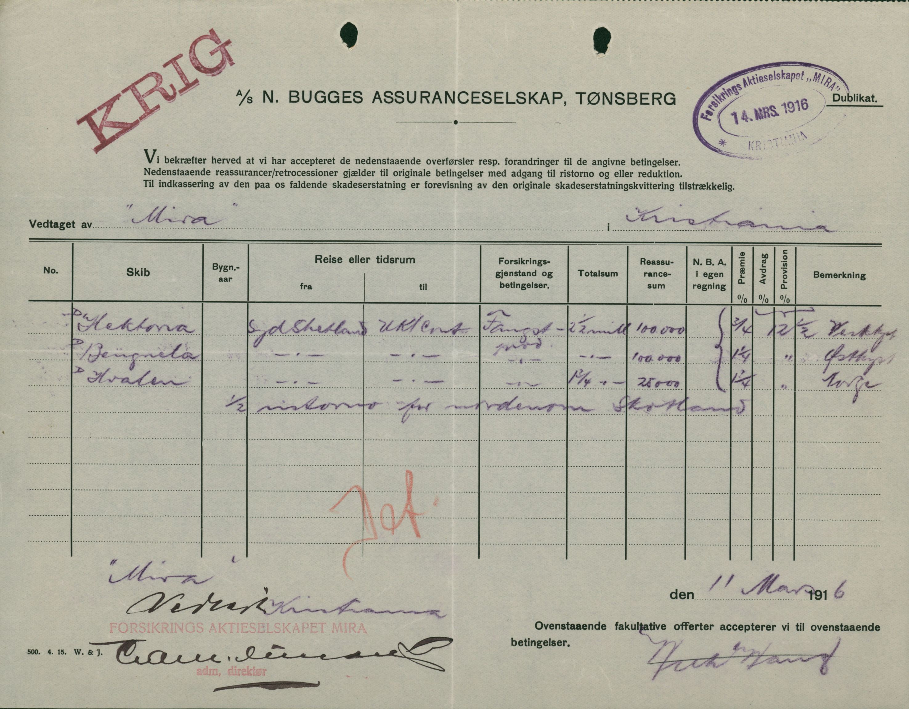 Pa 664 - Tønsberg Sjøforsikringsselskap, VEMU/A-1773/F/L0001: Forsikringspoliser, 1915-1918