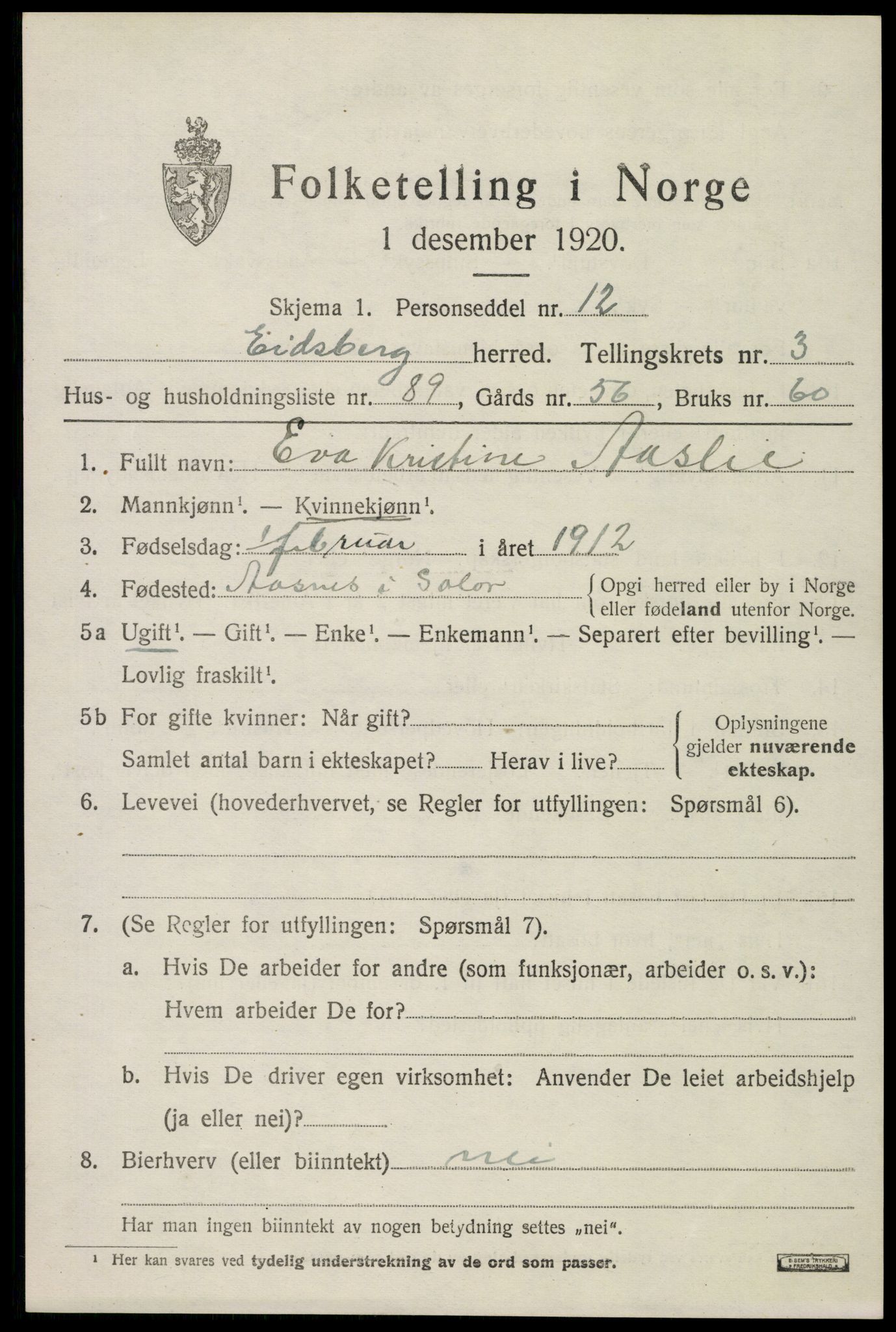 SAO, Folketelling 1920 for 0125 Eidsberg herred, 1920, s. 5013