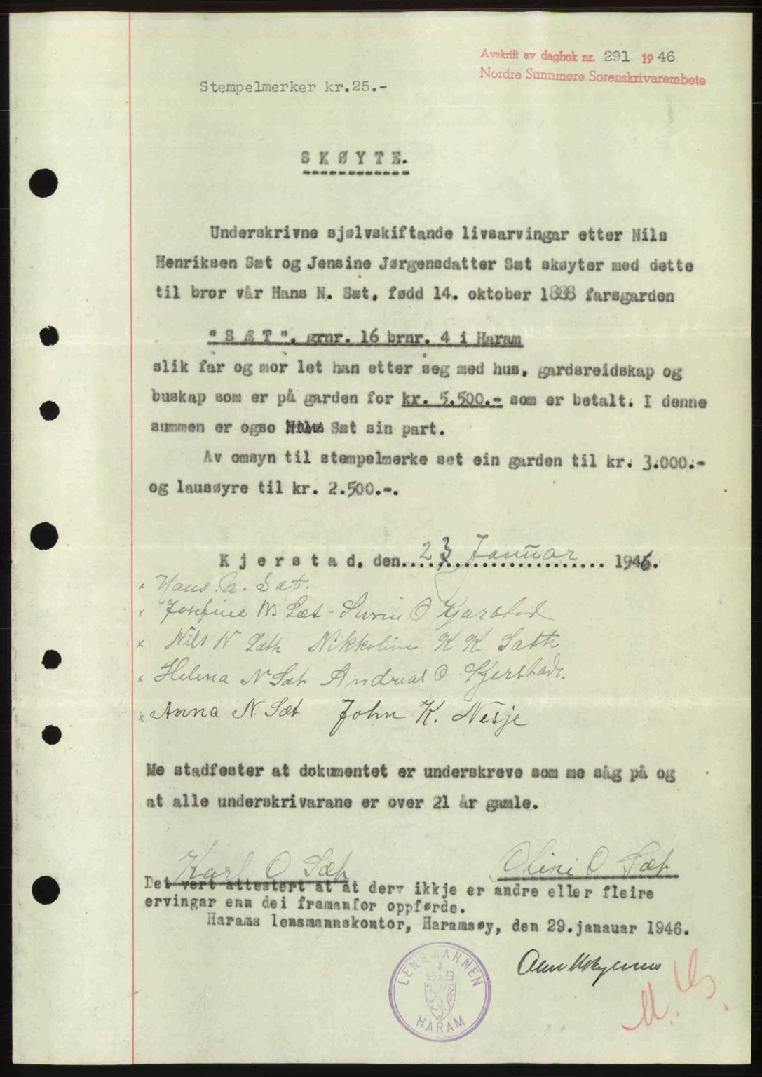 Nordre Sunnmøre sorenskriveri, SAT/A-0006/1/2/2C/2Ca: Pantebok nr. A20b, 1946-1946, Dagboknr: 291/1946