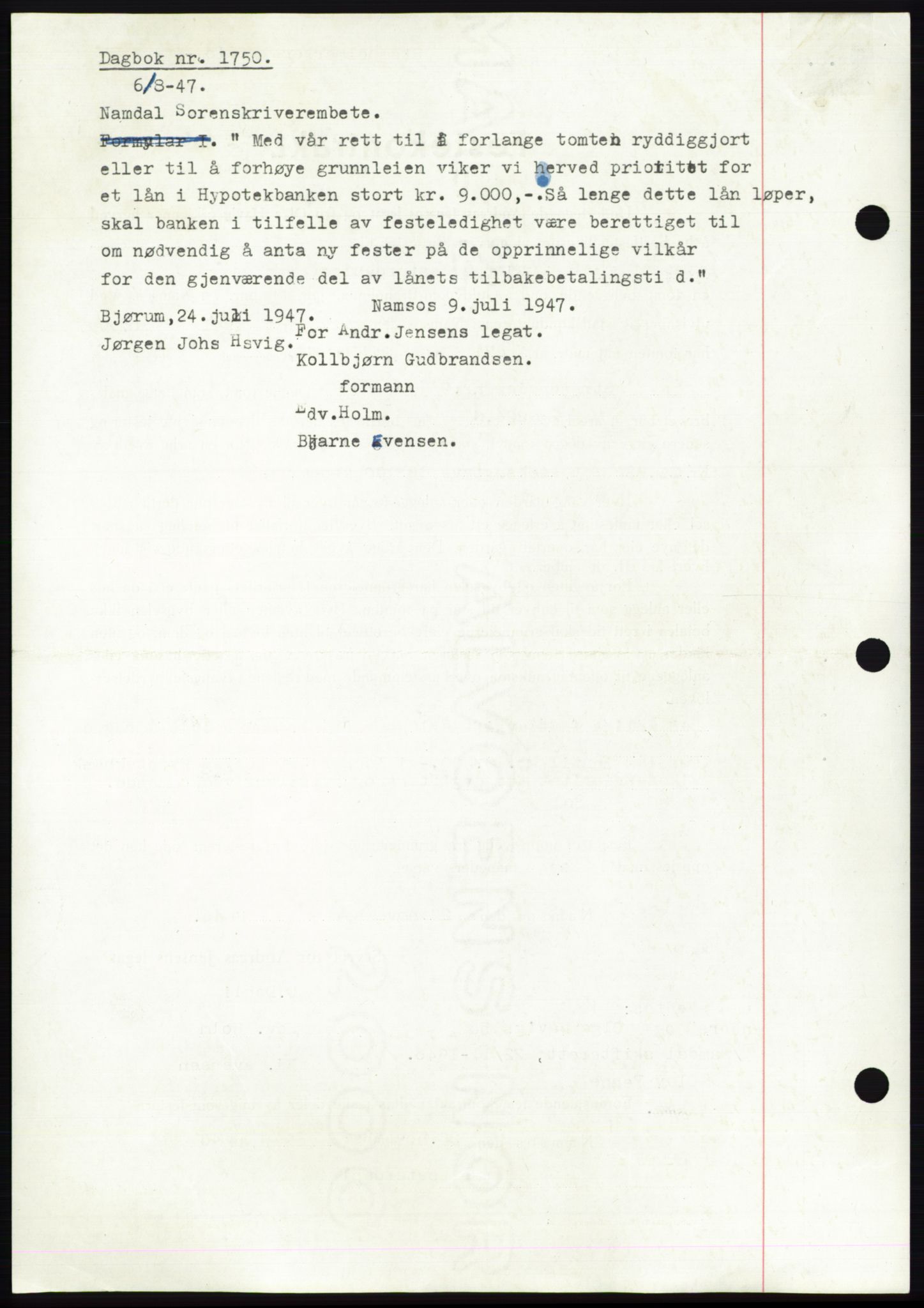 Namdal sorenskriveri, SAT/A-4133/1/2/2C: Pantebok nr. -, 1946-1947, Dagboknr: 1750/1946