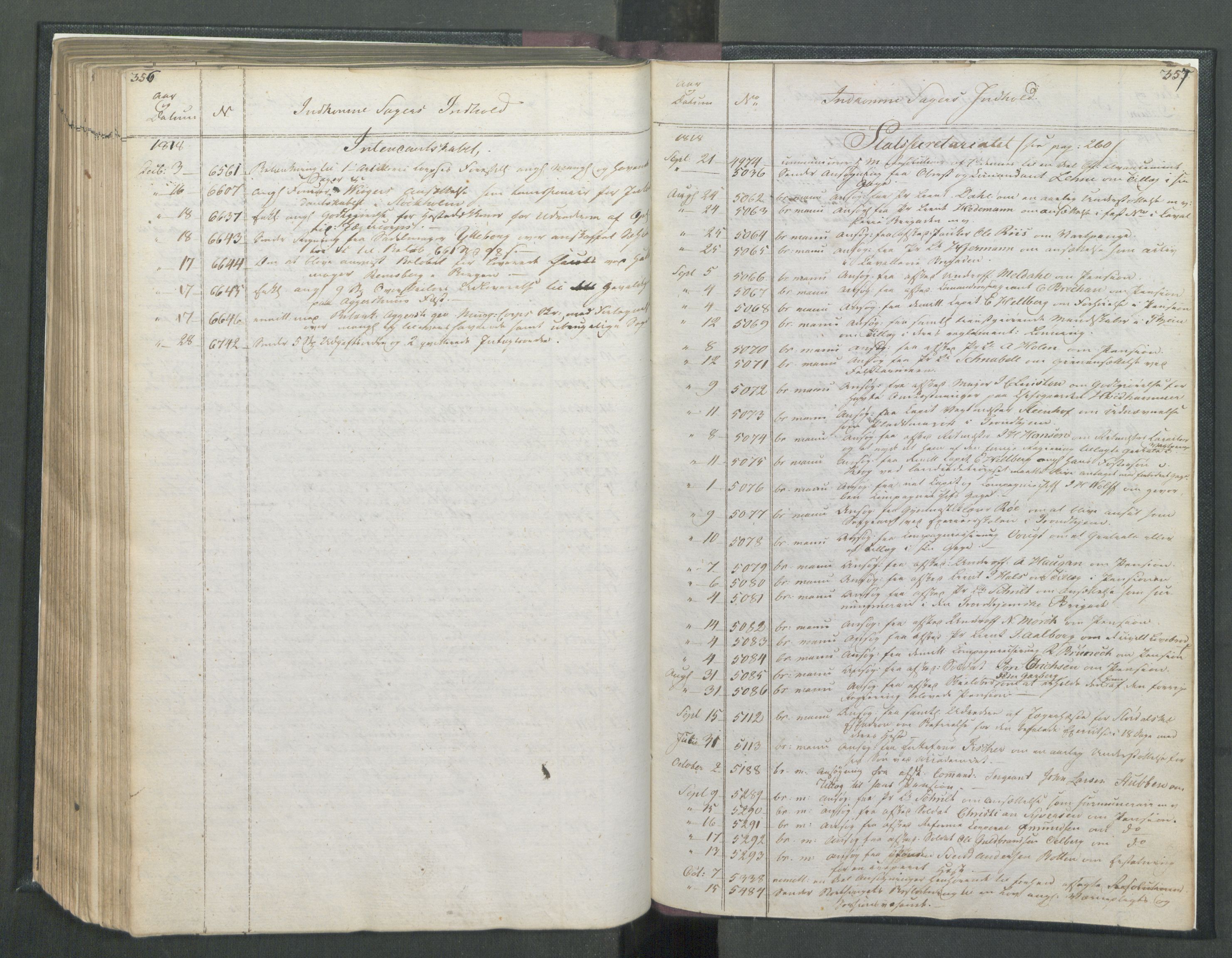 Armédepartementet, AV/RA-RAFA-3493/C/Ca/L0017: 6. Departements Register Indg., 1818, s. 356-357