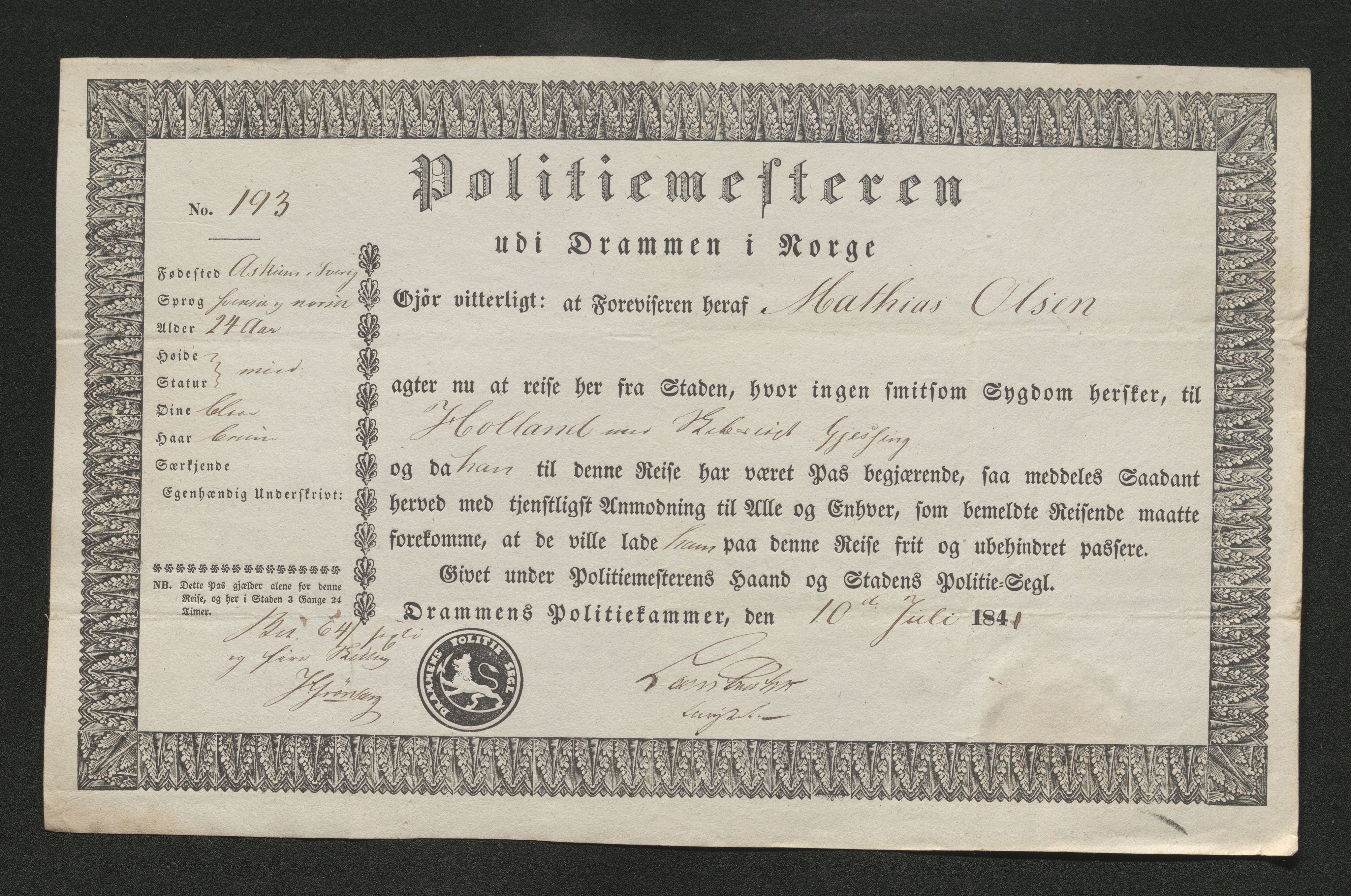 Drammen politikammer, AV/SAKO-A-623/I/Ia/Iab/L0006: Innleverte pass, 1841-1842, s. 221