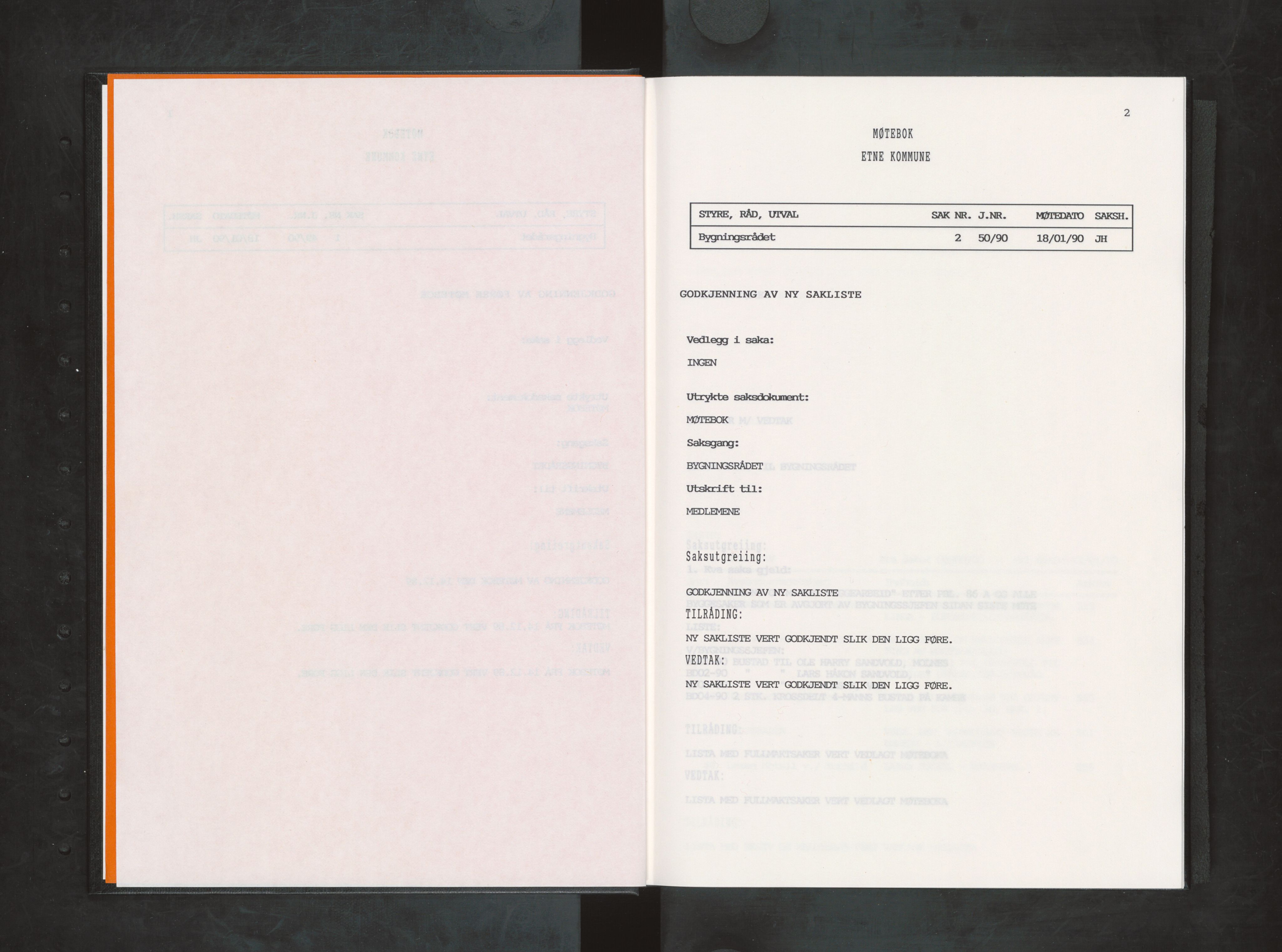 Etne kommune. Bygningsrådet, IKAH/1211-511/A/Aa/L0043: Møtebok Etne bygningsråd I, 1990