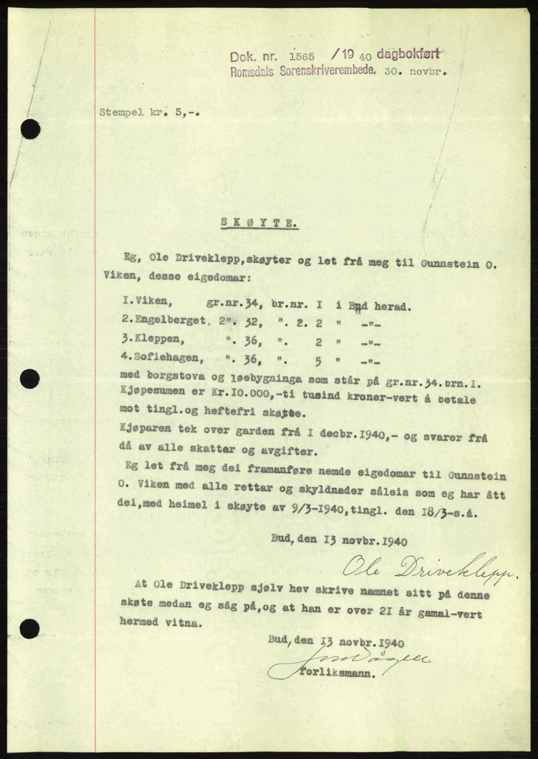 Romsdal sorenskriveri, SAT/A-4149/1/2/2C: Pantebok nr. A9, 1940-1941, Dagboknr: 1565/1940