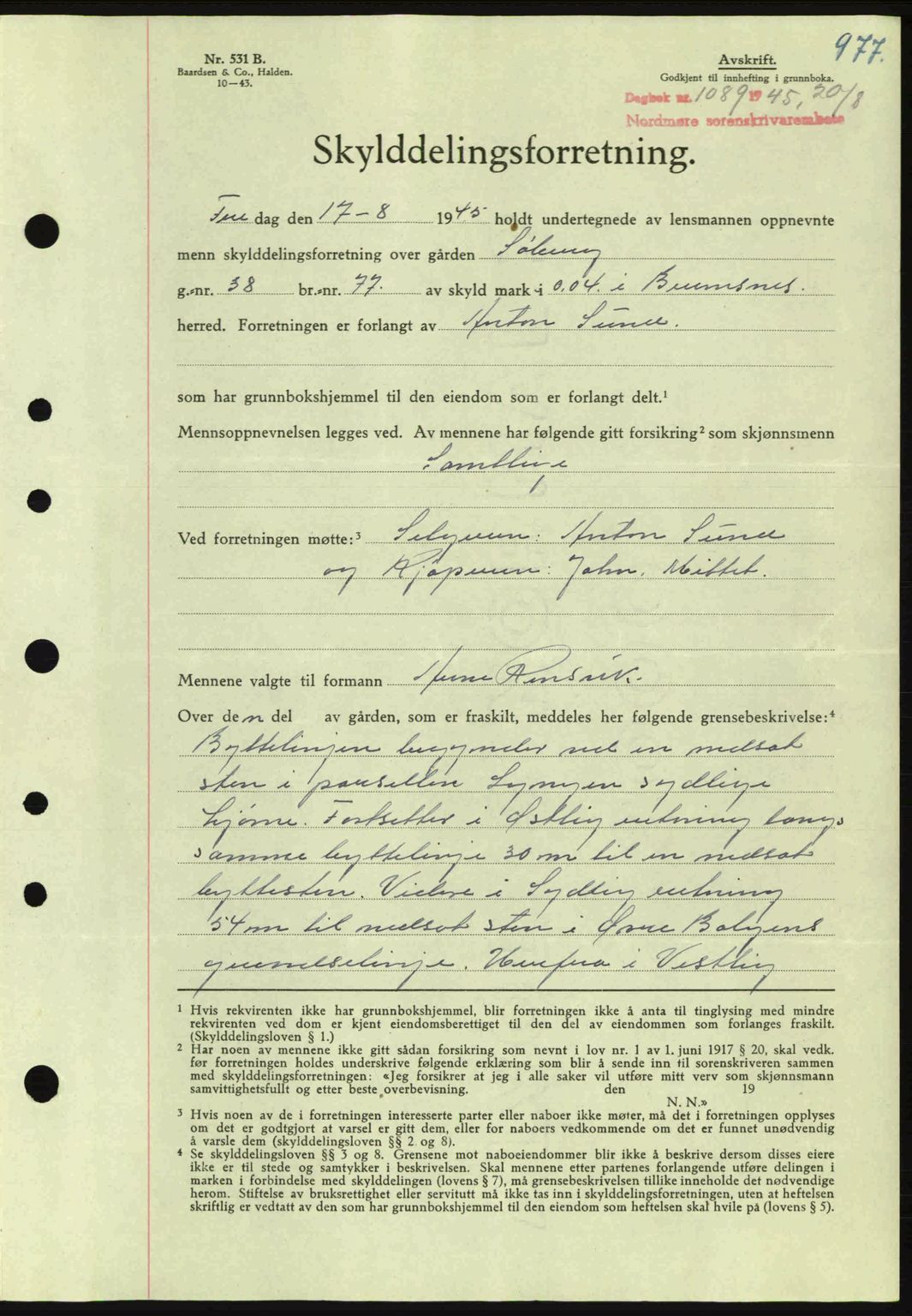 Nordmøre sorenskriveri, SAT/A-4132/1/2/2Ca: Pantebok nr. A99, 1945-1945, Dagboknr: 1089/1945