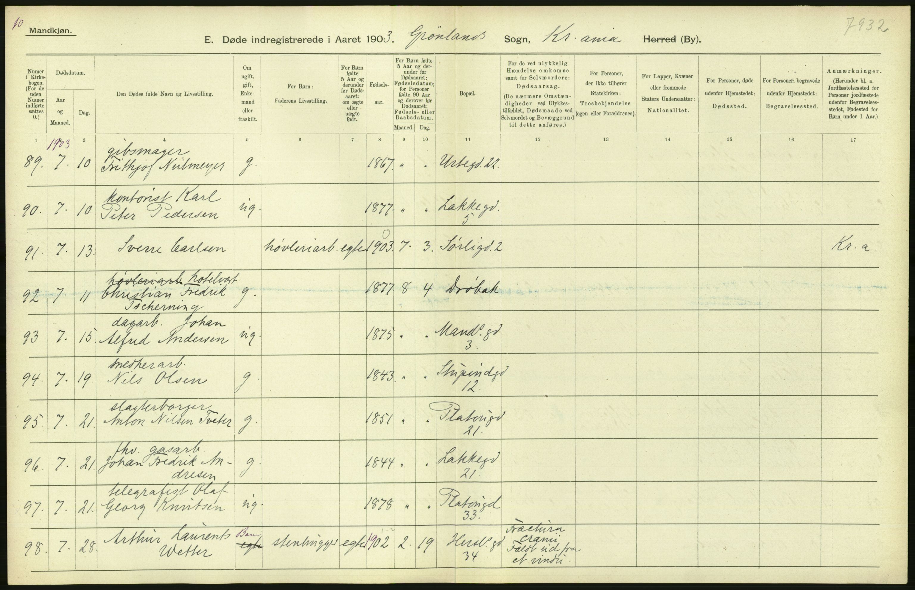 Statistisk sentralbyrå, Sosiodemografiske emner, Befolkning, AV/RA-S-2228/D/Df/Dfa/Dfaa/L0004: Kristiania: Gifte, døde, 1903, s. 396