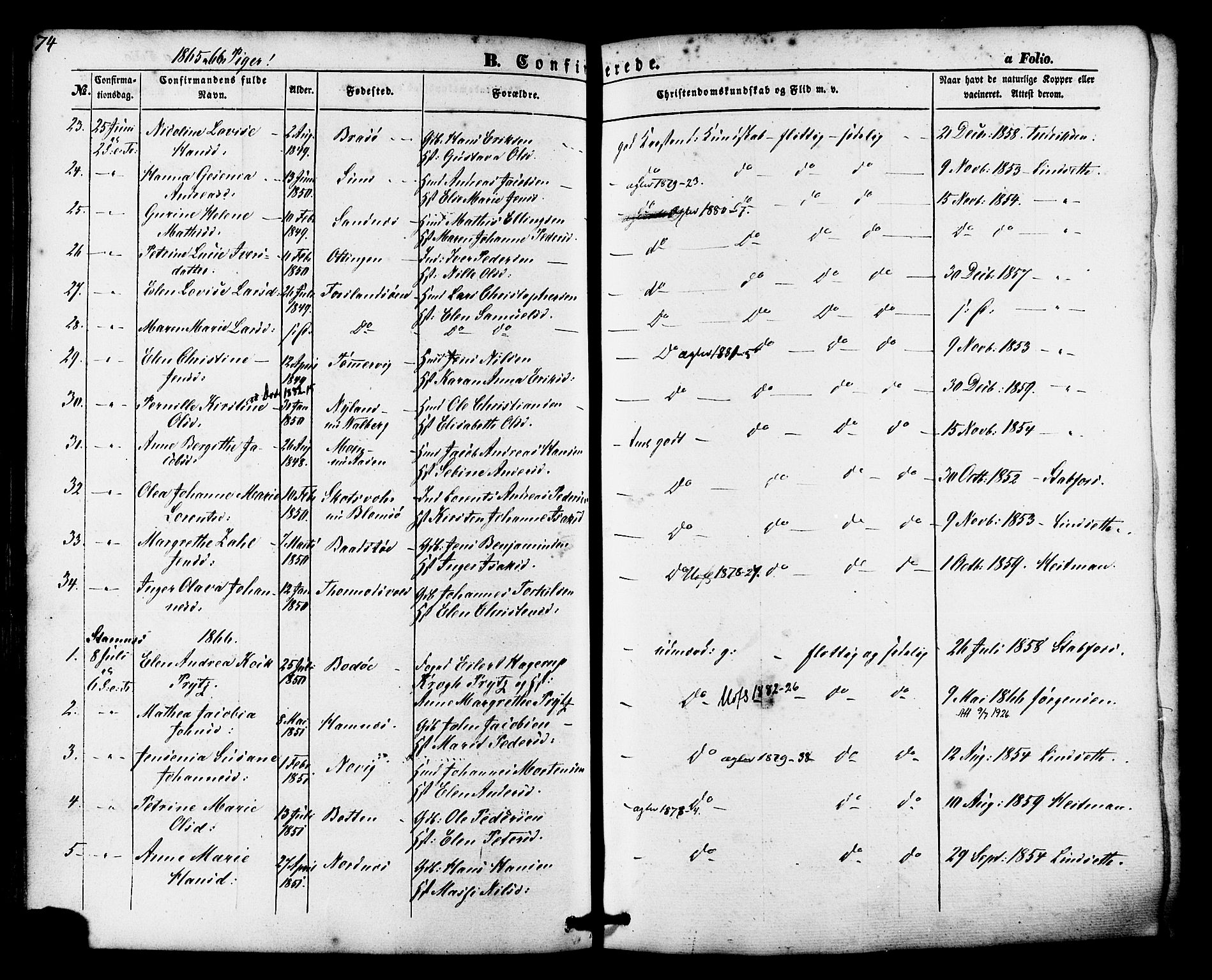 Ministerialprotokoller, klokkerbøker og fødselsregistre - Nordland, AV/SAT-A-1459/830/L0448: Ministerialbok nr. 830A12, 1855-1878, s. 74