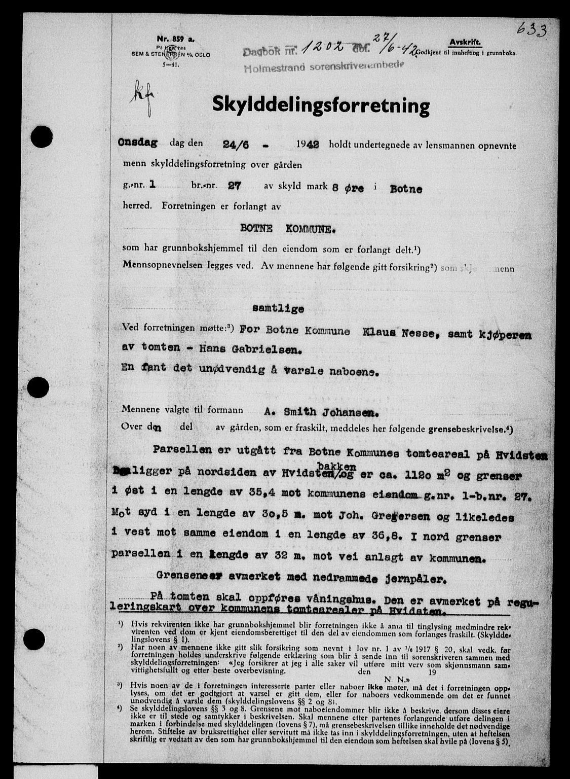 Holmestrand sorenskriveri, SAKO/A-67/G/Ga/Gaa/L0055: Pantebok nr. A-55, 1942-1942, Dagboknr: 1202/1942
