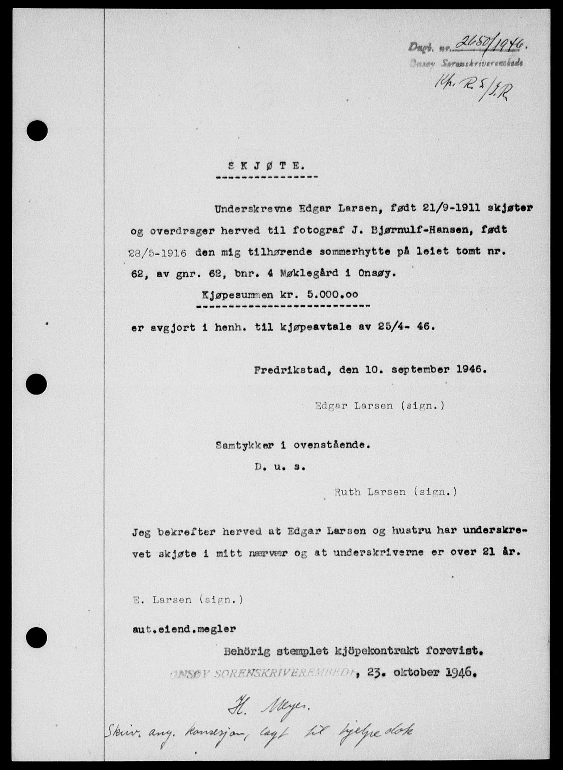 Onsøy sorenskriveri, SAO/A-10474/G/Ga/Gab/L0017: Pantebok nr. II A-17, 1946-1946, Dagboknr: 2650/1946