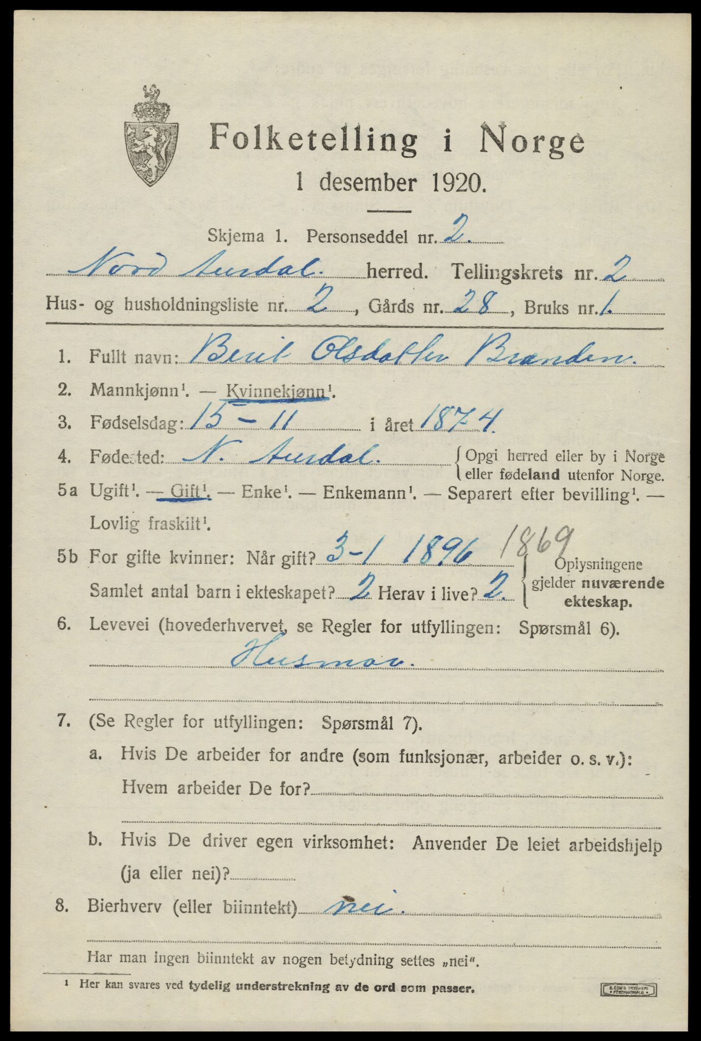 SAH, Folketelling 1920 for 0542 Nord-Aurdal herred, 1920, s. 3130