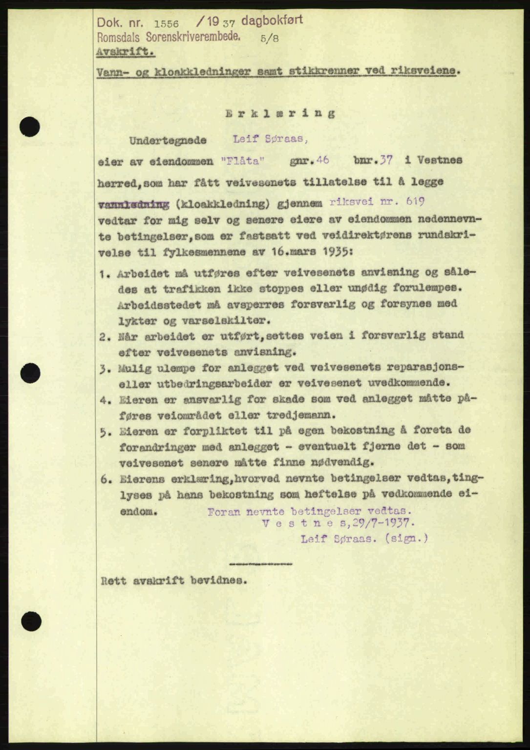Romsdal sorenskriveri, SAT/A-4149/1/2/2C: Pantebok nr. A3, 1937-1937, Dagboknr: 1556/1937