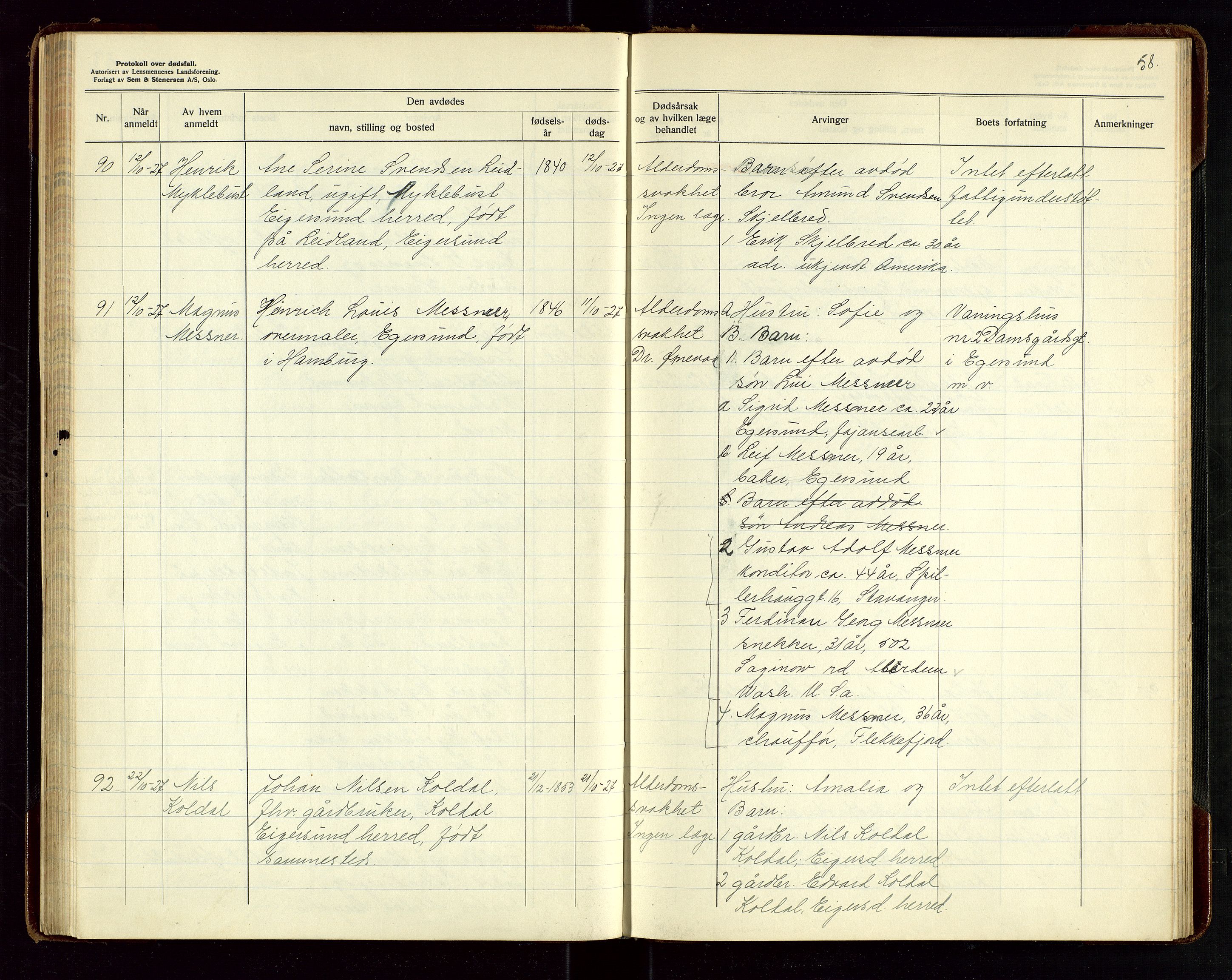 Eigersund lensmannskontor, AV/SAST-A-100171/Gga/L0010: "Protokoll over anmeldte dødsfall" m/alfabetisk navneregister, 1926-1928, s. 58