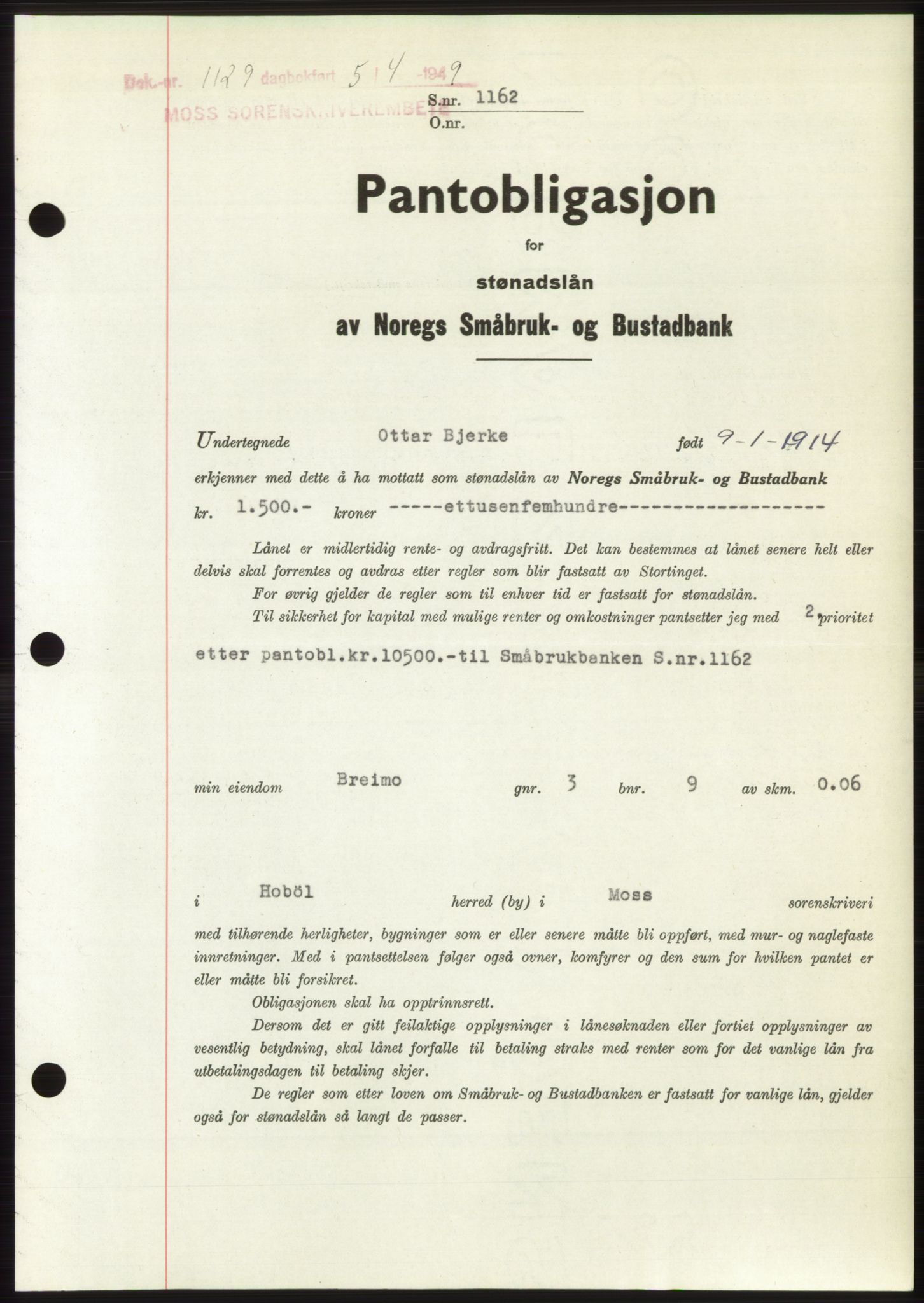 Moss sorenskriveri, SAO/A-10168: Pantebok nr. B21, 1949-1949, Dagboknr: 1129/1949