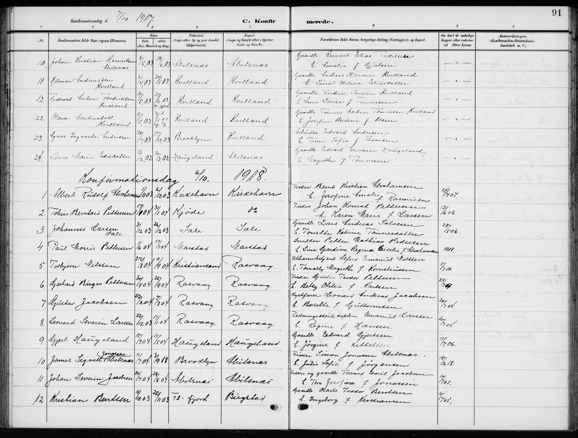 Flekkefjord sokneprestkontor, SAK/1111-0012/F/Fb/Fbb/L0005: Klokkerbok nr. B 5, 1908-1927, s. 91