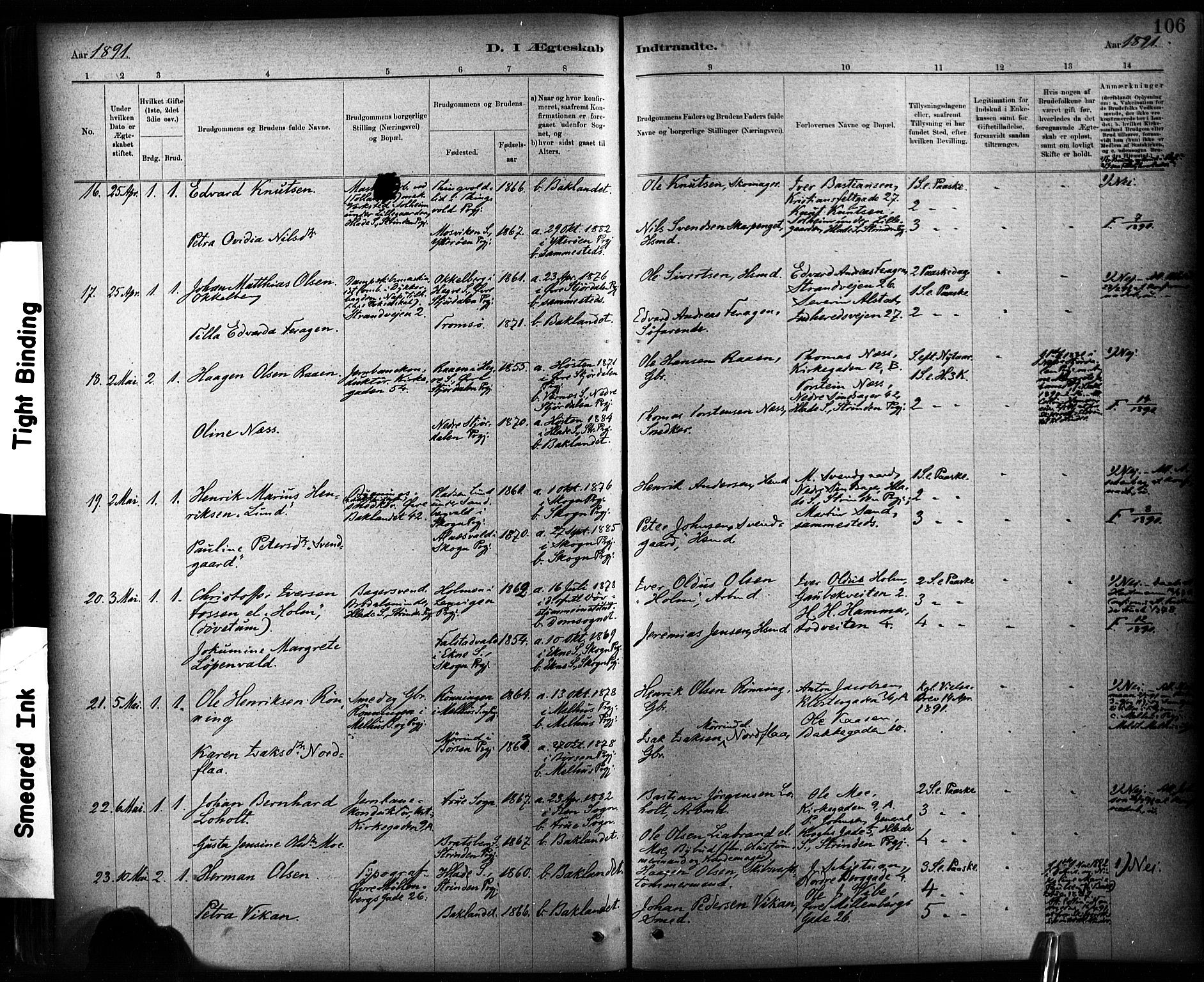 Ministerialprotokoller, klokkerbøker og fødselsregistre - Sør-Trøndelag, SAT/A-1456/604/L0189: Ministerialbok nr. 604A10, 1878-1892, s. 106
