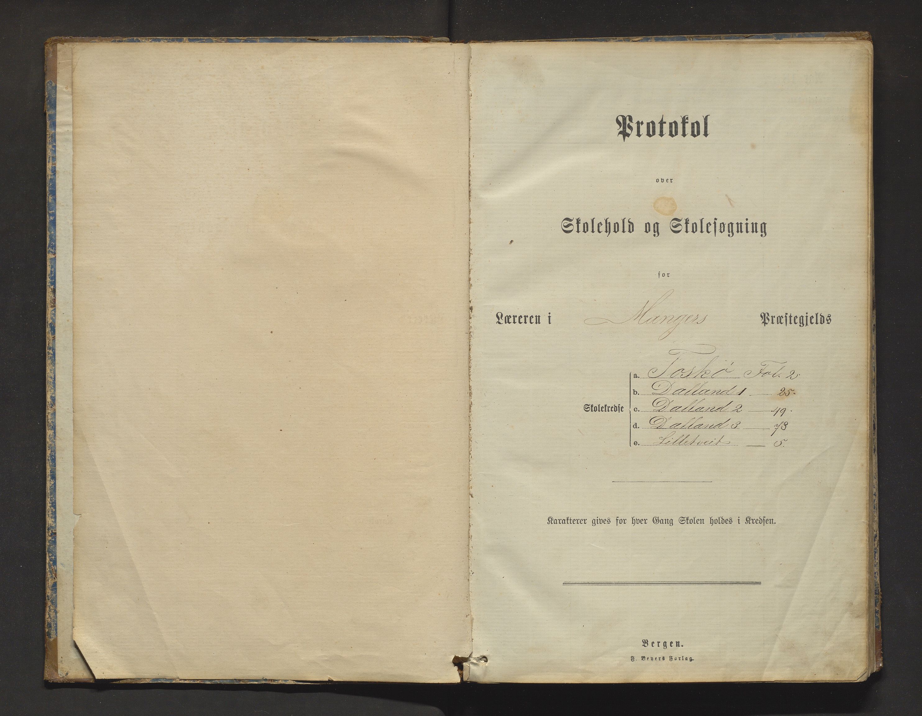 Manger kommune. Barneskulane, IKAH/1261-231/F/Fa/L0002: Skuleprotokoll for Toska, Manger, Dalland, Lilletvedt, Sætre og Helle krinsar , 1882-1916