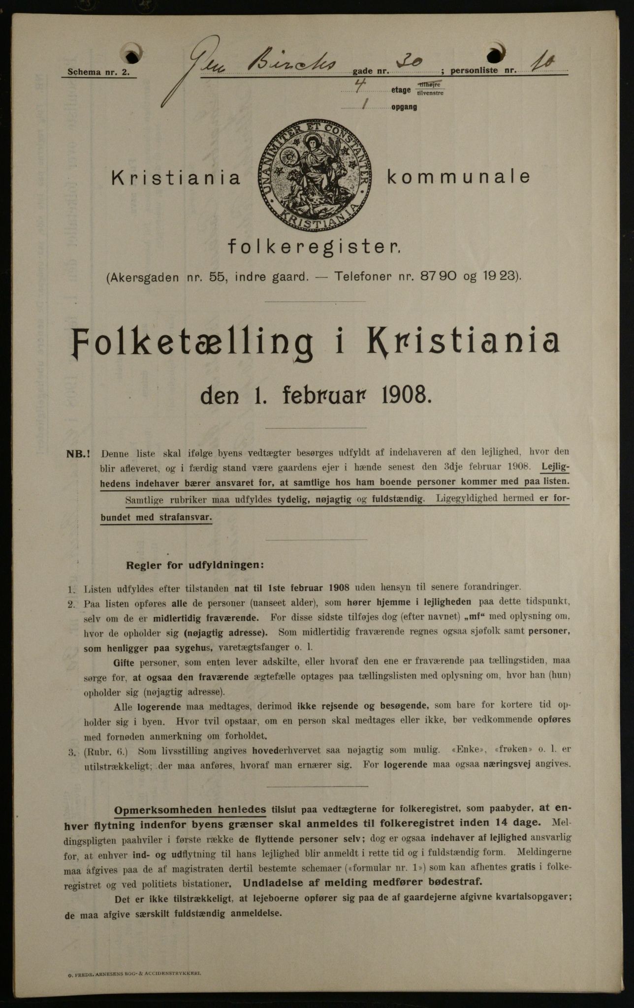 OBA, Kommunal folketelling 1.2.1908 for Kristiania kjøpstad, 1908, s. 26190