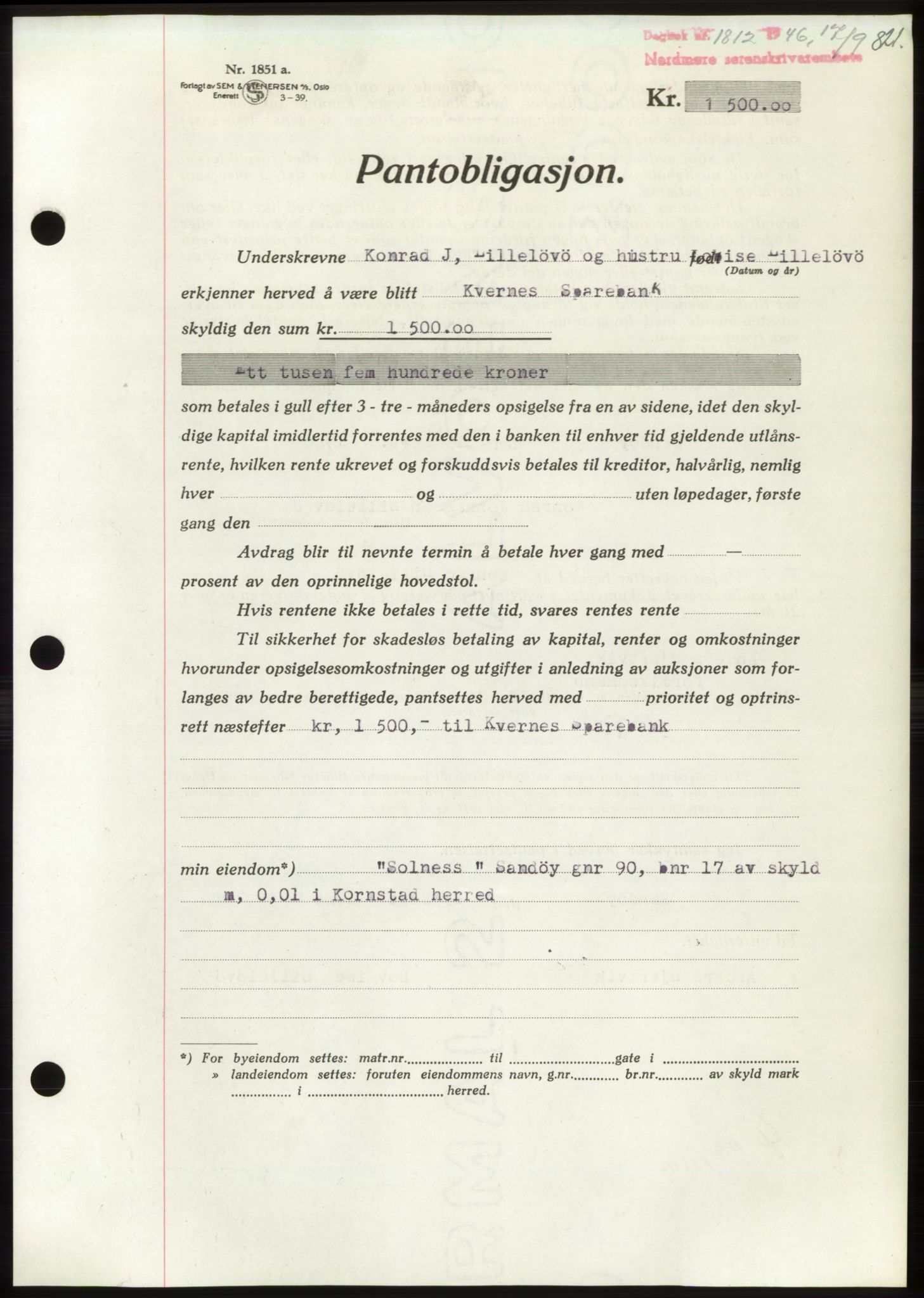 Nordmøre sorenskriveri, SAT/A-4132/1/2/2Ca: Pantebok nr. B94, 1946-1946, Dagboknr: 1812/1946