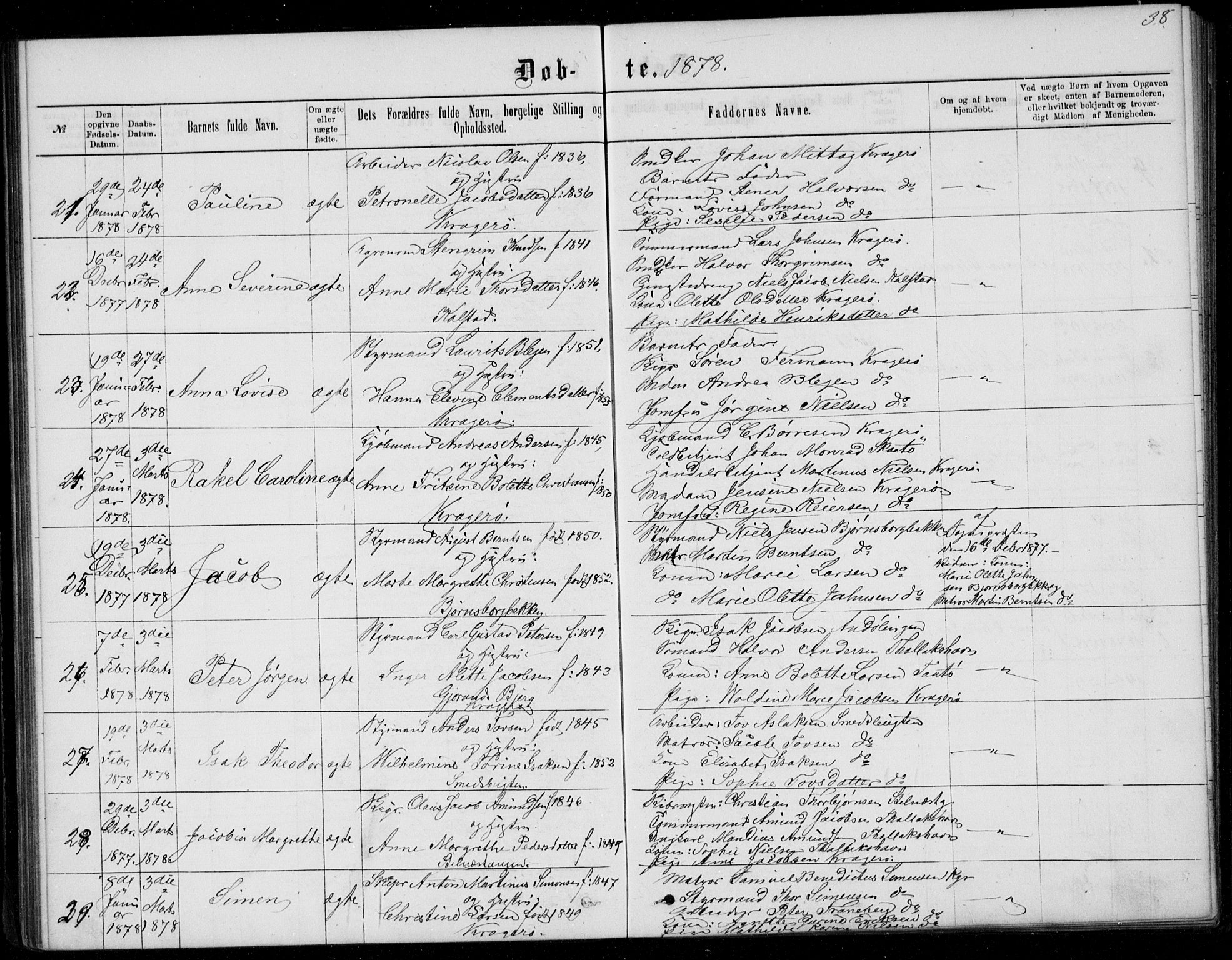 Kragerø kirkebøker, AV/SAKO-A-278/G/Ga/L0006: Klokkerbok nr. 6, 1876-1881, s. 38