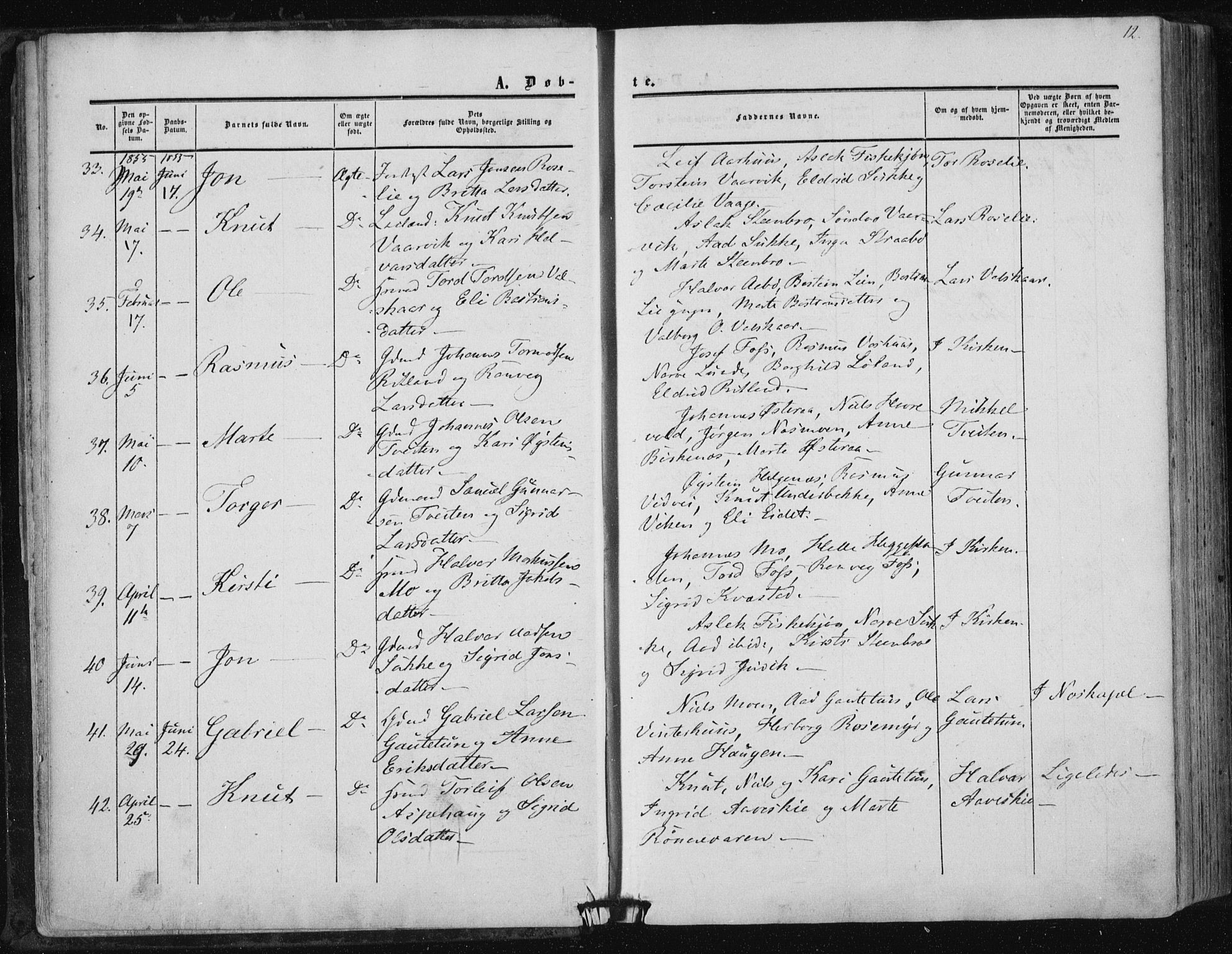 Suldal sokneprestkontor, AV/SAST-A-101845/01/IV/L0009: Ministerialbok nr. A 9, 1854-1868, s. 12
