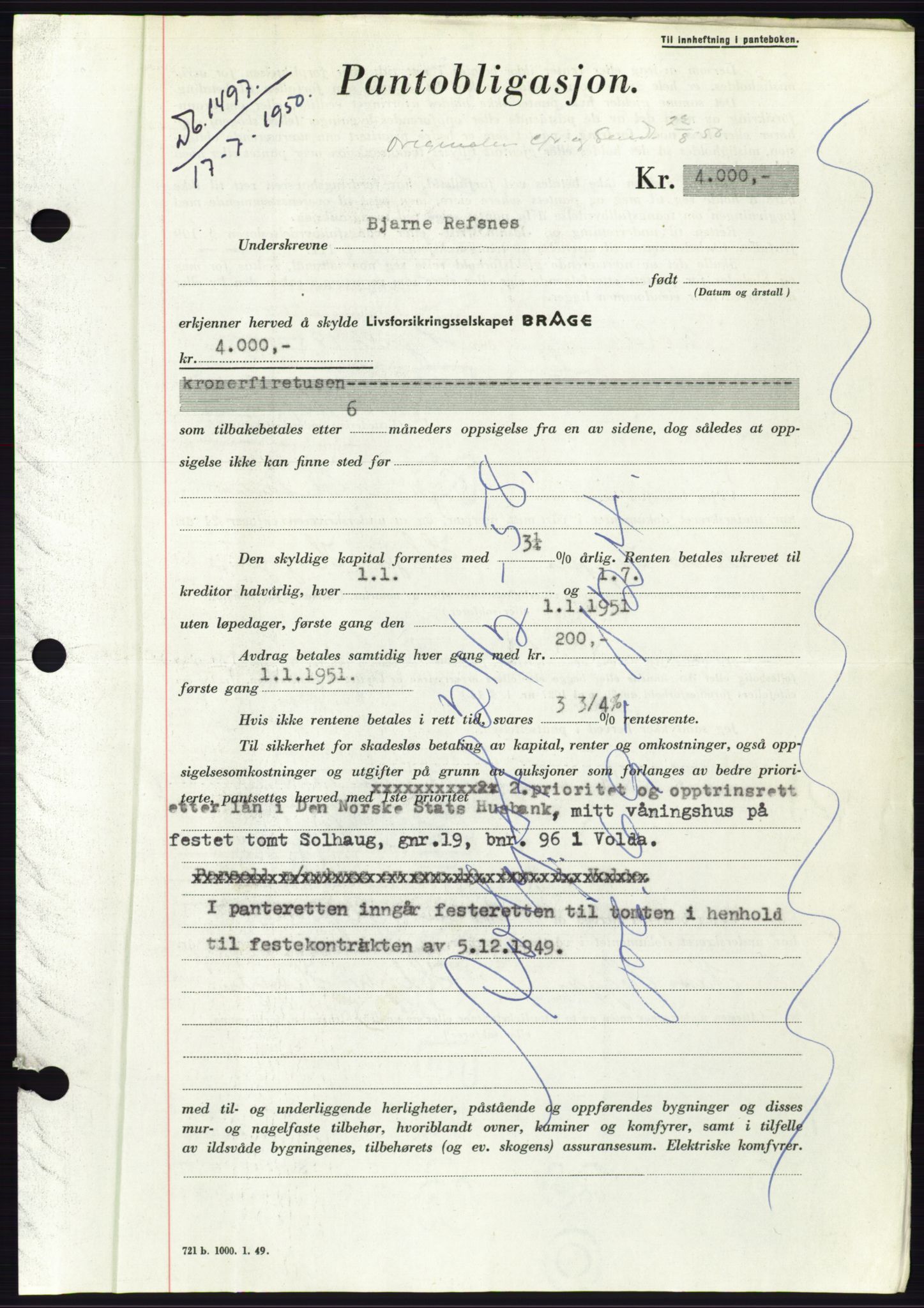 Søre Sunnmøre sorenskriveri, AV/SAT-A-4122/1/2/2C/L0119: Pantebok nr. 7B, 1950-1951, Dagboknr: 1497/1950