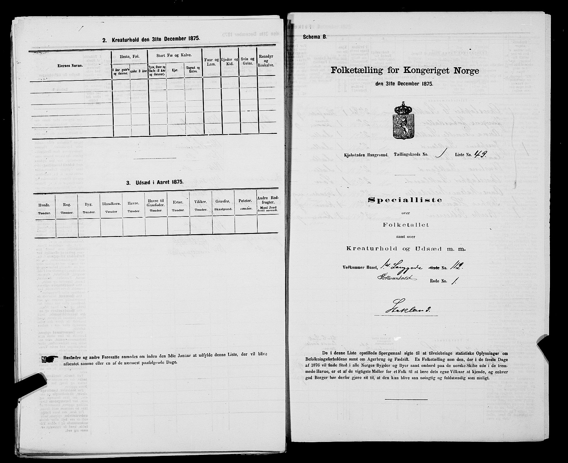 SAST, Folketelling 1875 for 1106B Torvastad prestegjeld, Haugesund kjøpstad, 1875, s. 335