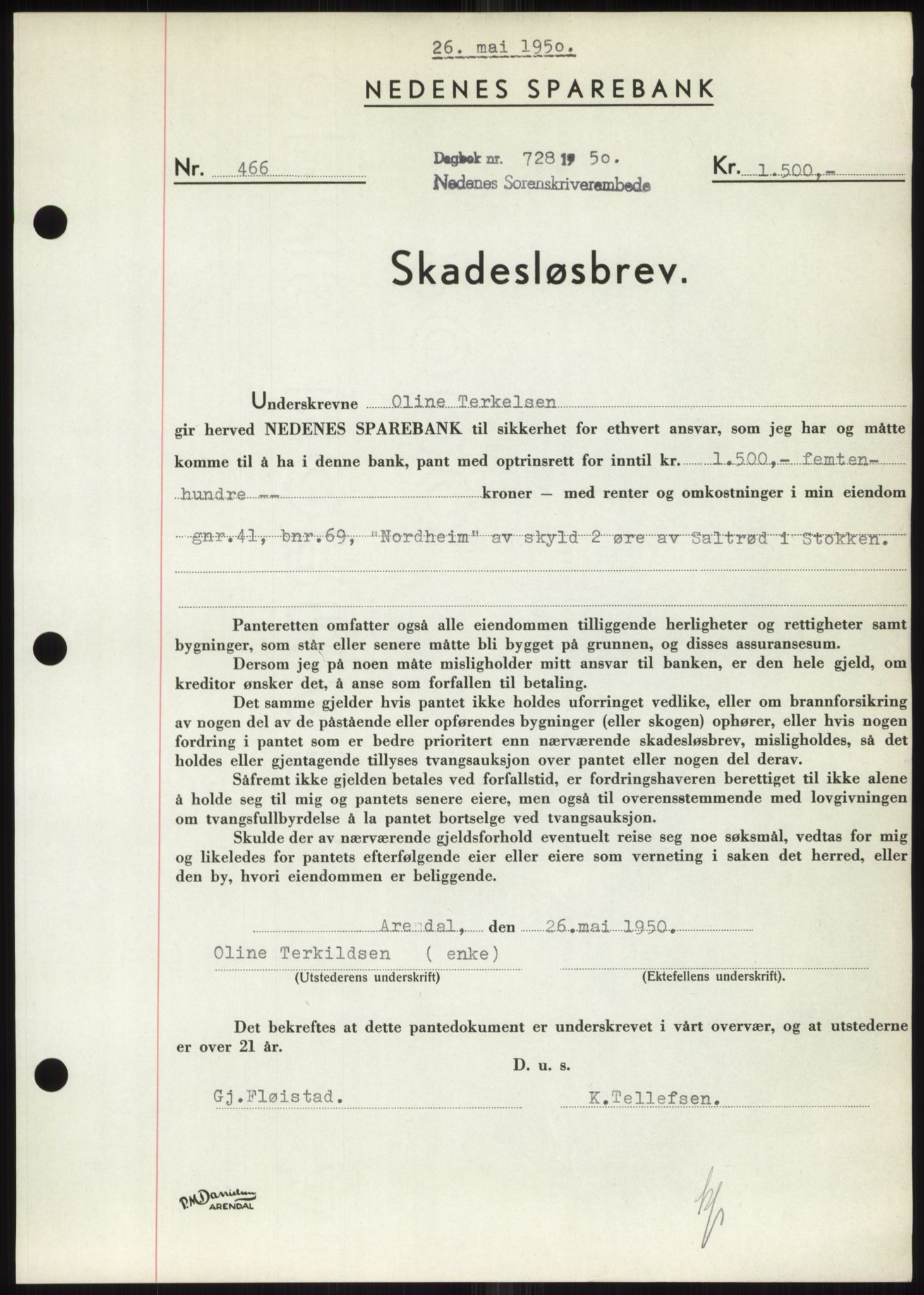 Nedenes sorenskriveri, SAK/1221-0006/G/Gb/Gbb/L0007: Pantebok nr. B7, 1949-1950, Dagboknr: 728/1950