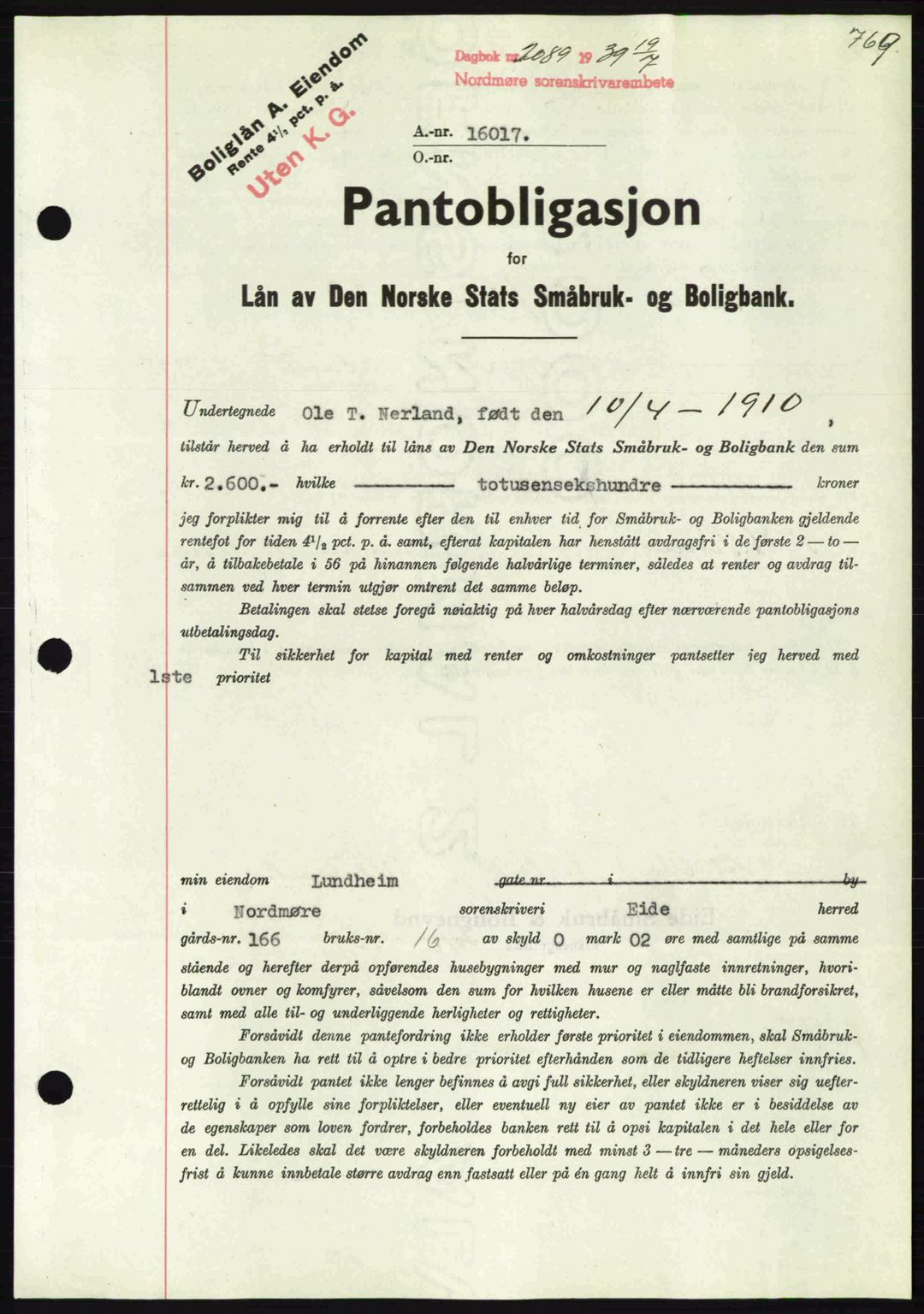 Nordmøre sorenskriveri, AV/SAT-A-4132/1/2/2Ca: Pantebok nr. B85, 1939-1939, Dagboknr: 2089/1939