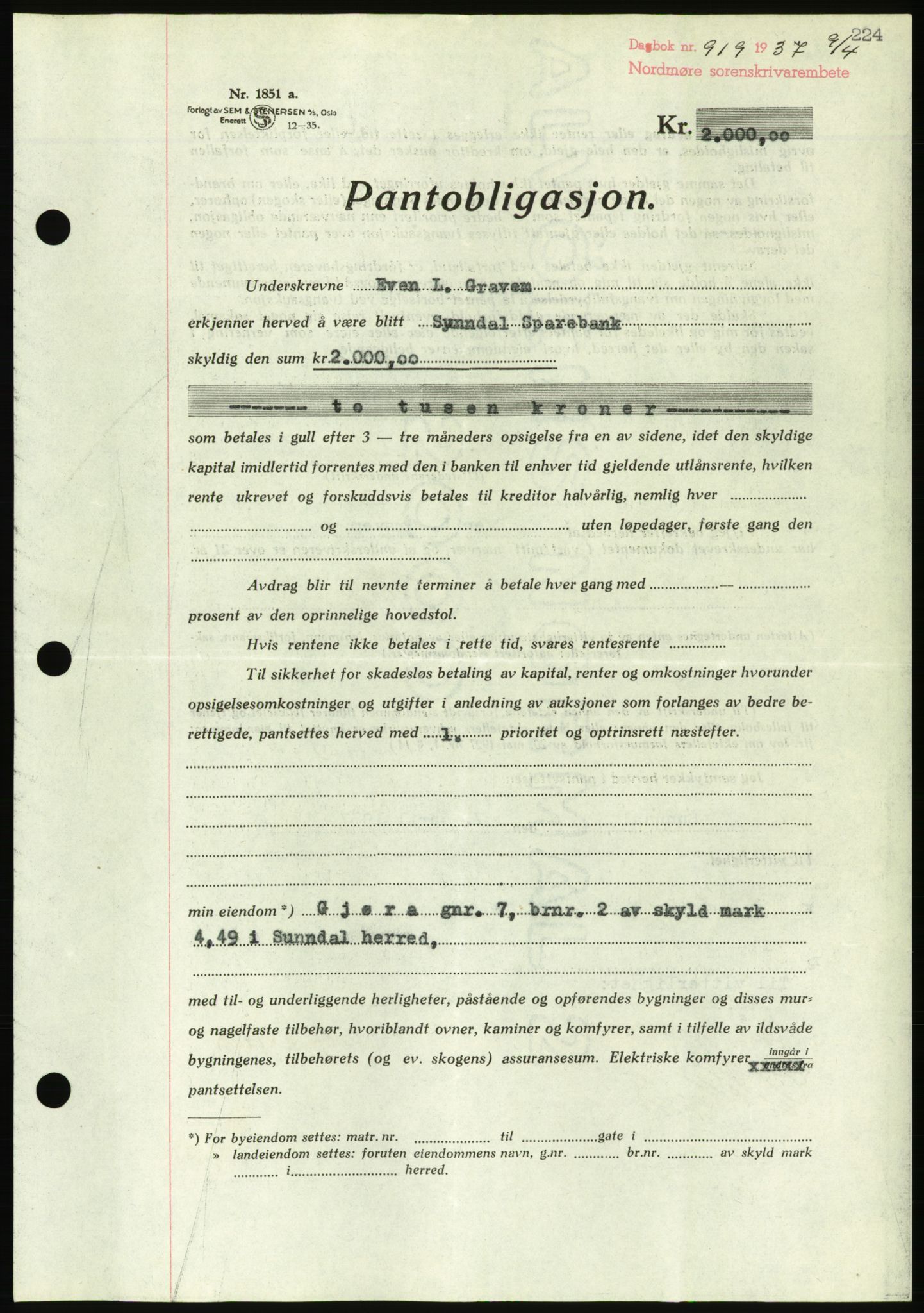 Nordmøre sorenskriveri, AV/SAT-A-4132/1/2/2Ca/L0091: Pantebok nr. B81, 1937-1937, Dagboknr: 919/1937