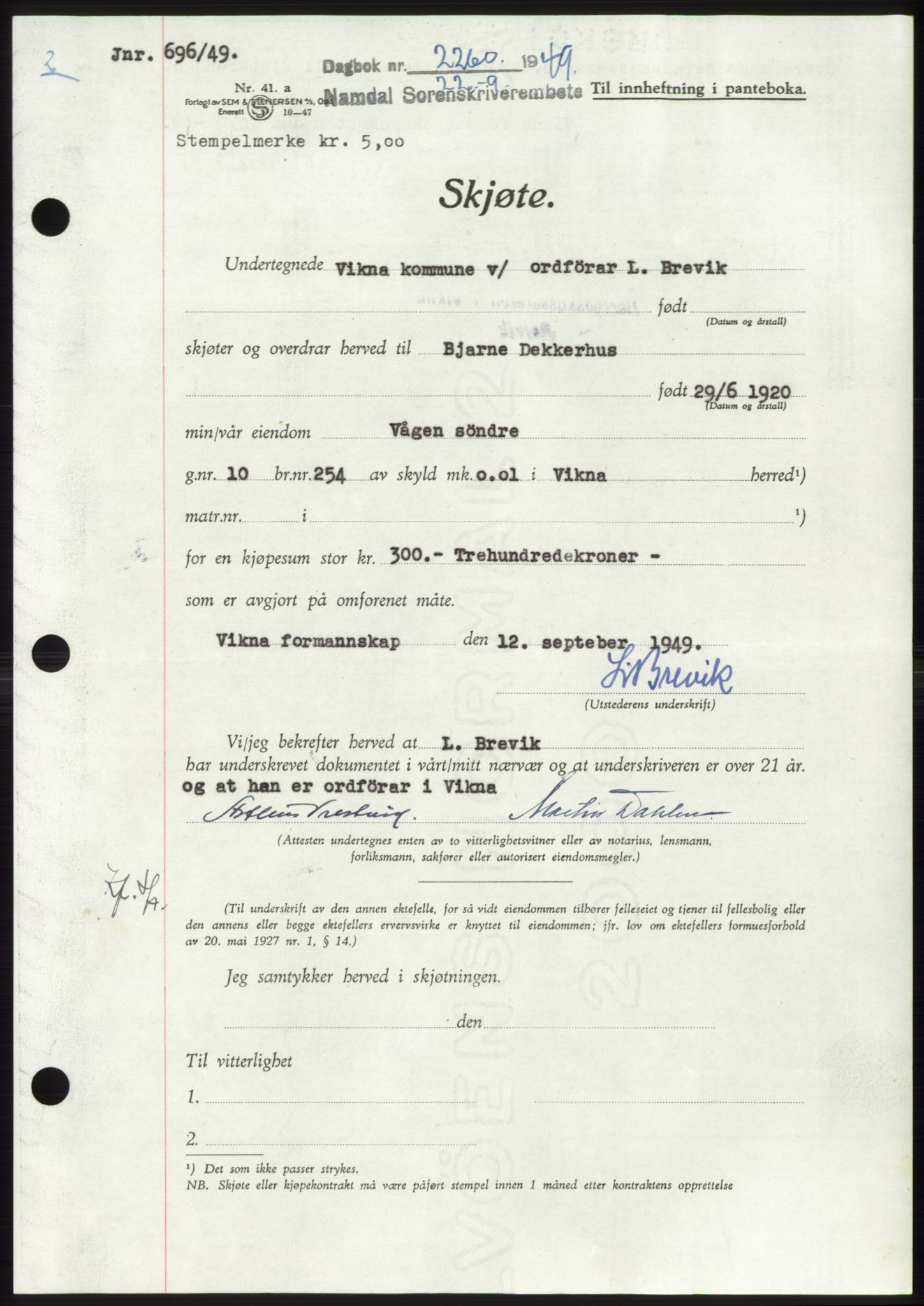 Namdal sorenskriveri, SAT/A-4133/1/2/2C: Pantebok nr. -, 1949-1949, Dagboknr: 2260/1949