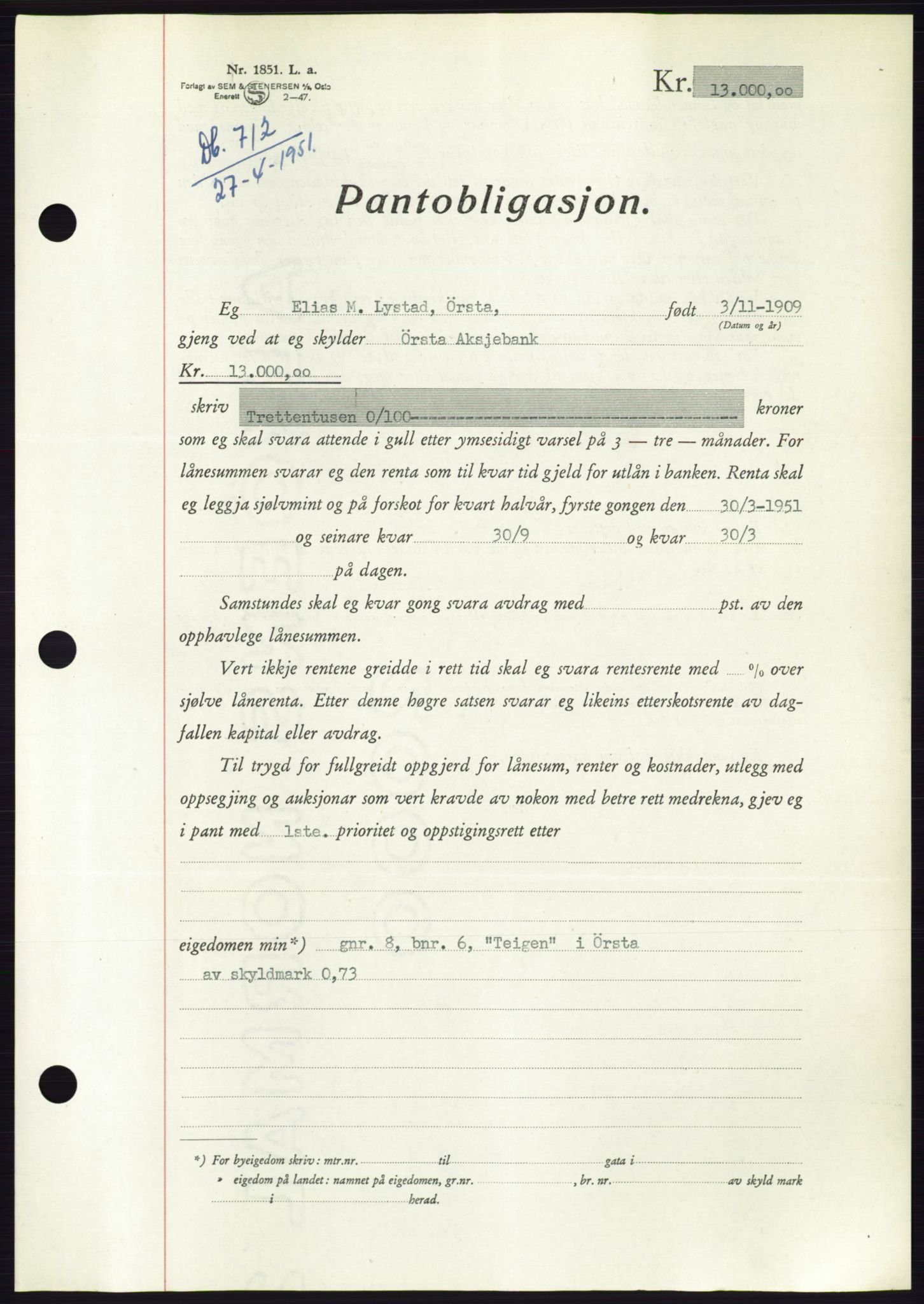 Søre Sunnmøre sorenskriveri, AV/SAT-A-4122/1/2/2C/L0119: Pantebok nr. 7B, 1950-1951, Dagboknr: 712/1951