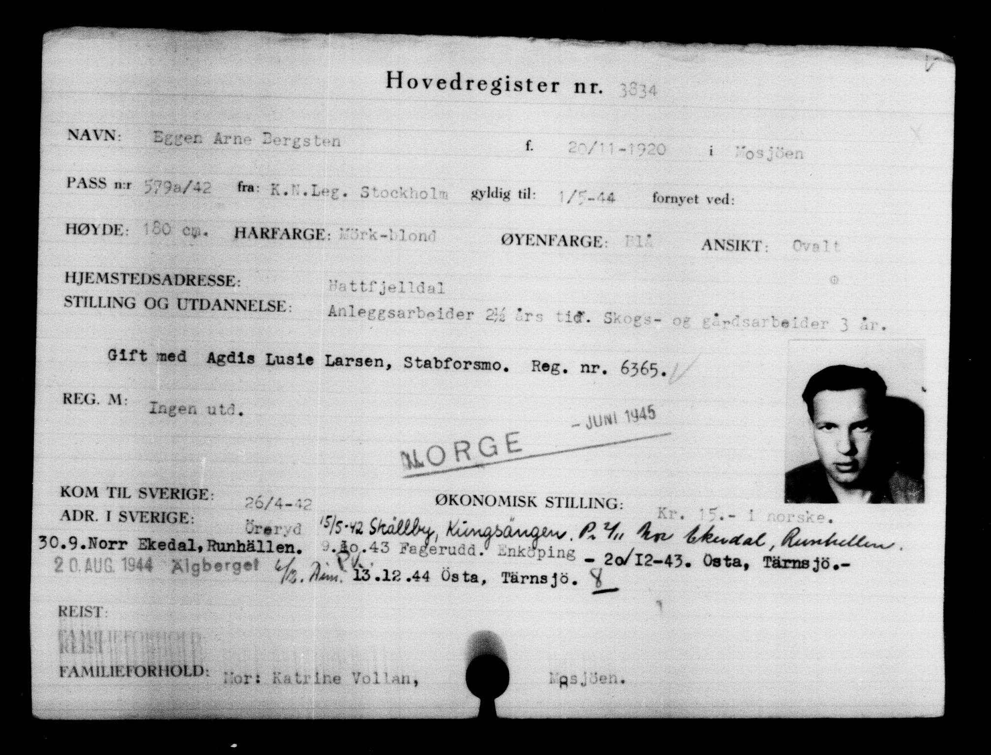 Utenriksstasjonene, Legasjonen i Stockholm, Flyktningkontoret, AV/RA-S-6753/V/Va/L0004: Kjesäterkartoteket, flyktninger med registreringsnr. 3496-6610, 1940-1945, s. 392
