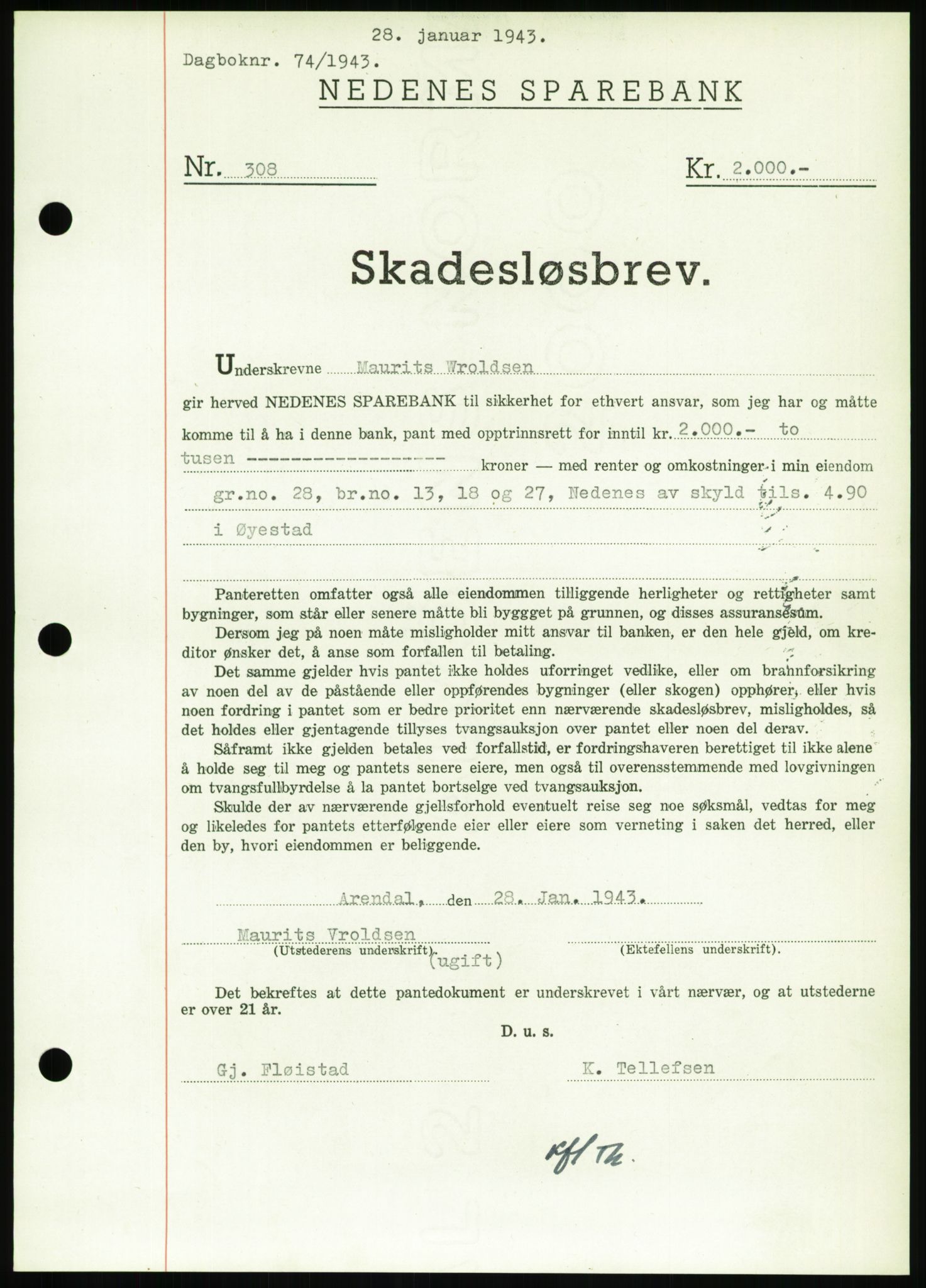 Nedenes sorenskriveri, SAK/1221-0006/G/Gb/Gbb/L0002: Pantebok nr. II, 1942-1945, Dagboknr: 74/1943