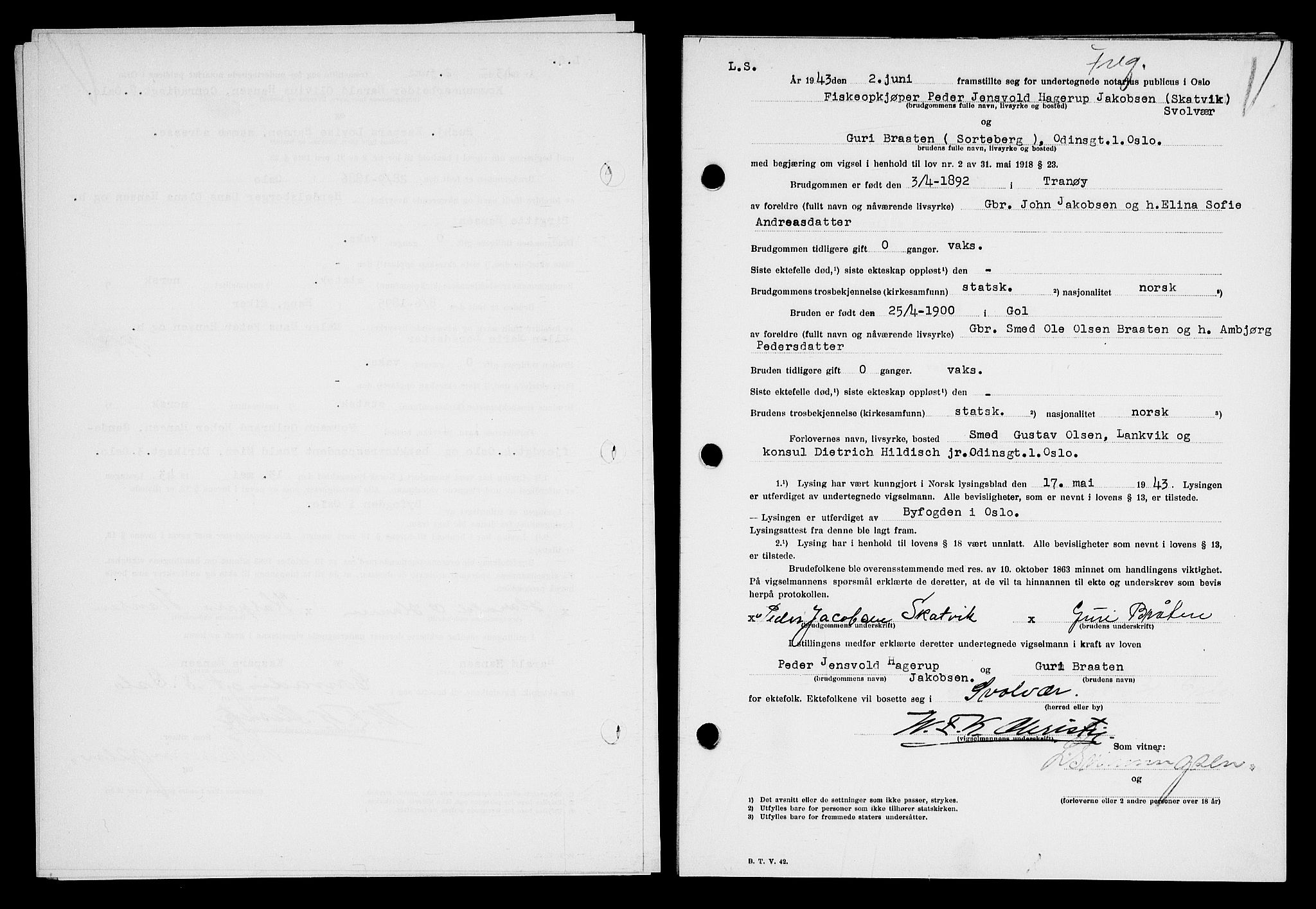 Oslo byfogd avd. I, AV/SAO-A-10220/L/Lb/Lbb/L0045: Notarialprotokoll, rekke II: Vigsler, 1943