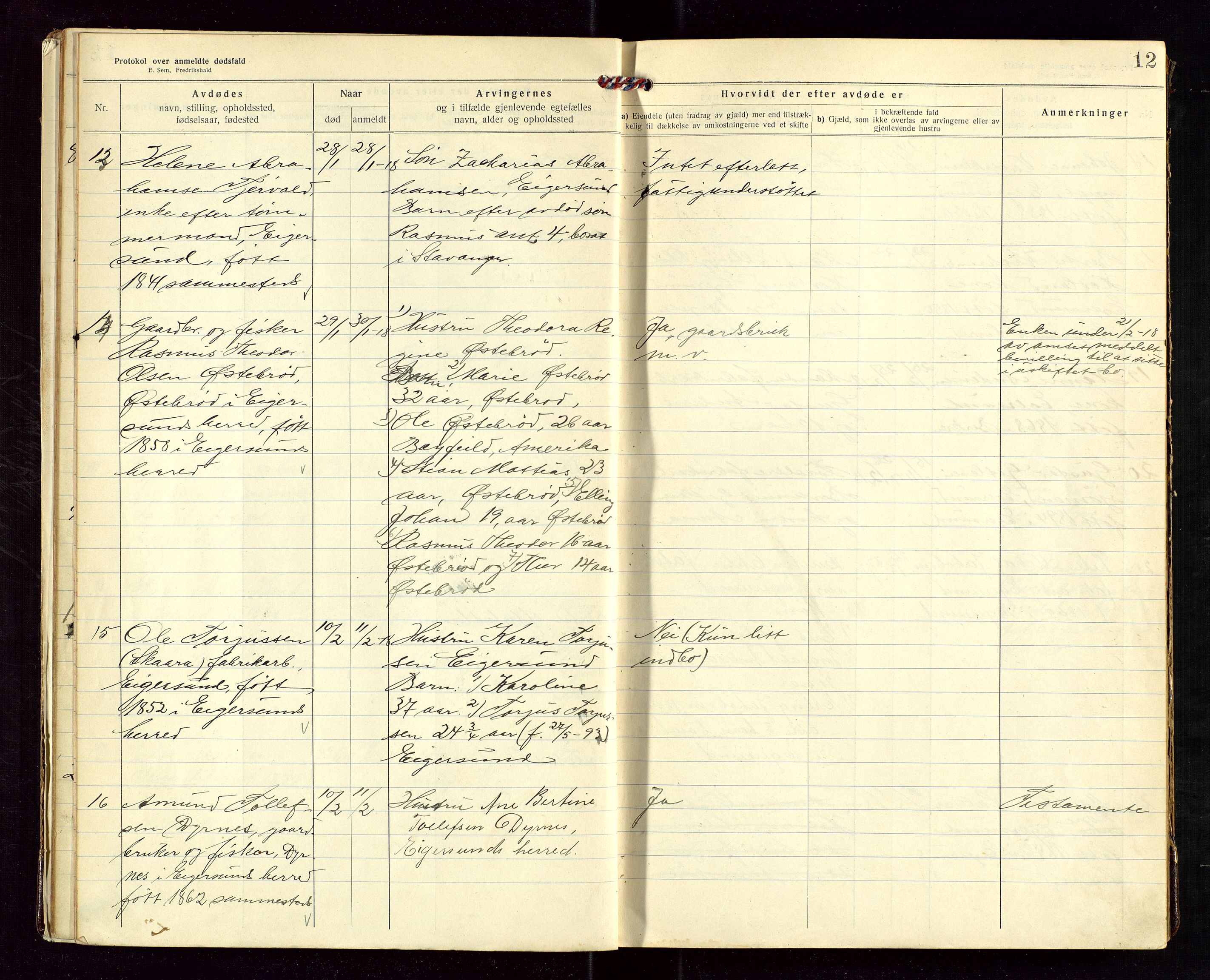 Eigersund lensmannskontor, SAST/A-100171/Gga/L0007: "Protokol over anmeldte dødsfald" m/alfabetisk navneregister, 1917-1920, s. 12