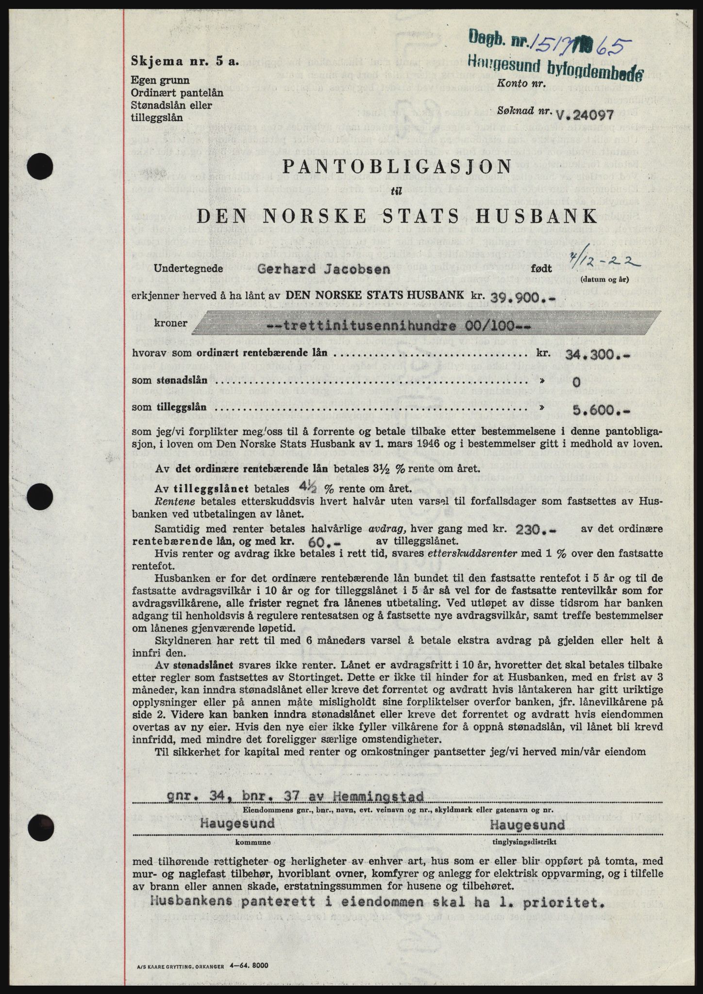 Haugesund tingrett, SAST/A-101415/01/II/IIC/L0053: Pantebok nr. B 53, 1965-1965, Dagboknr: 1517/1965