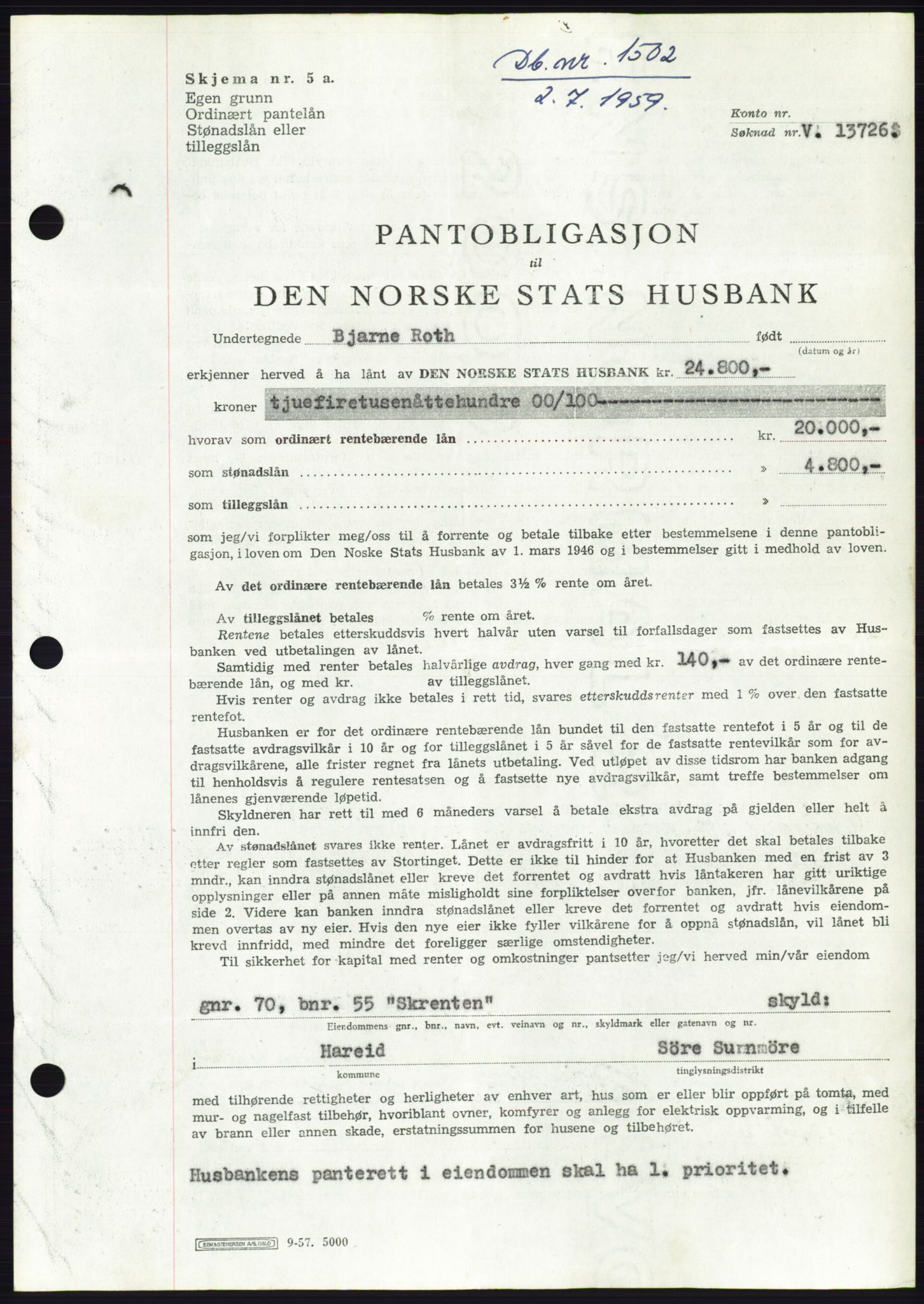 Søre Sunnmøre sorenskriveri, SAT/A-4122/1/2/2C/L0133: Pantebok nr. 21B, 1959-1959, Dagboknr: 1502/1959