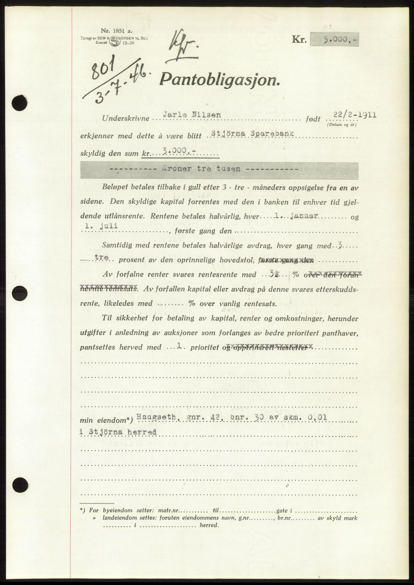 Fosen sorenskriveri, AV/SAT-A-1107/1/2/2C: Pantebok nr. B, 1946-1948, Dagboknr: 801/1946