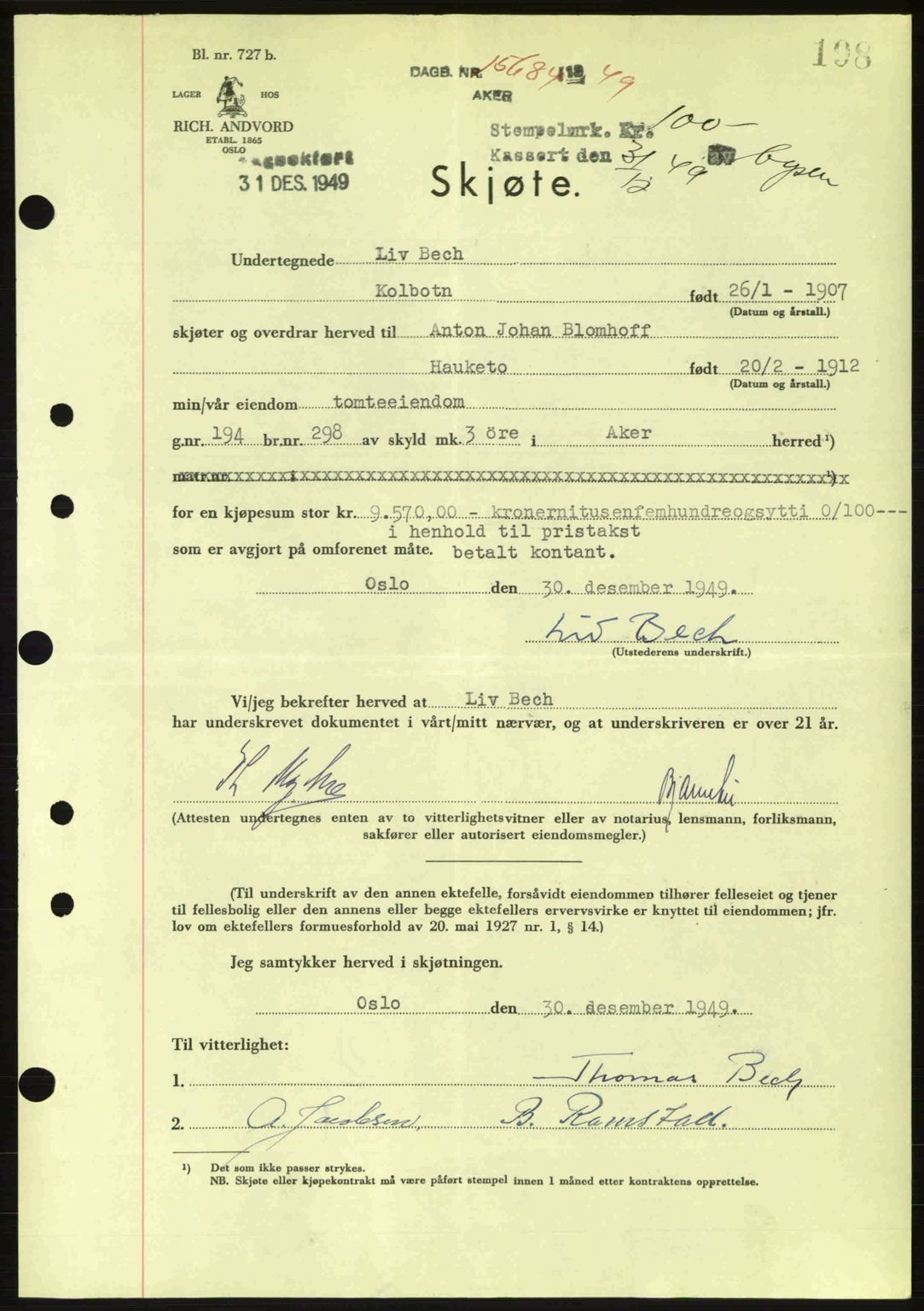 Oslo byskriverembete, AV/SAO-A-10227/G/Gb/Gbd/Gbda/L0017: Pantebok nr. A215, 1949-1950, Dagboknr: 15684/1949